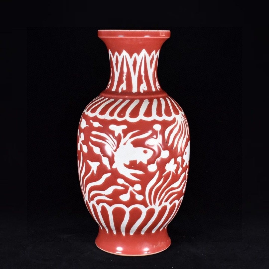 An Exquisite Red Glazed Fish and Lotus Pattern Vase: An Exquisite Red Glazed Fish and Lotus Pattern Vase,Yuan Dynasty, China,Size:13.8inx6.7in 红釉鱼藻纹瓶,中国元代