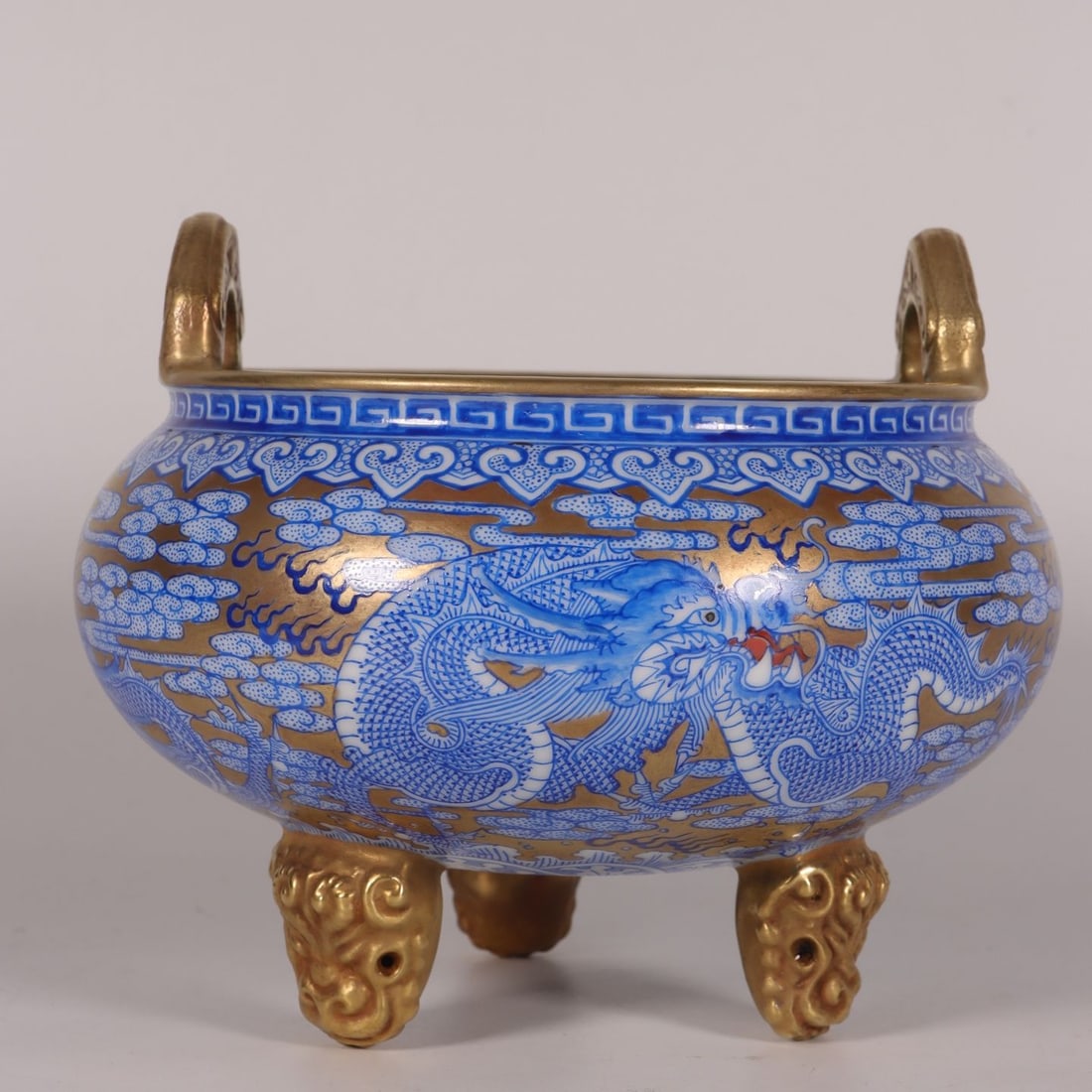 An Exquisite Gold Ground Dragon Pattern Double-Ears and Tripod Censer: An Exquisite Gold Ground Dragon Pattern Double-Ears and Tripod Censer,Qing Dynasty, China,Yongzheng Four-character Mark,Size:5.5inx7.1in