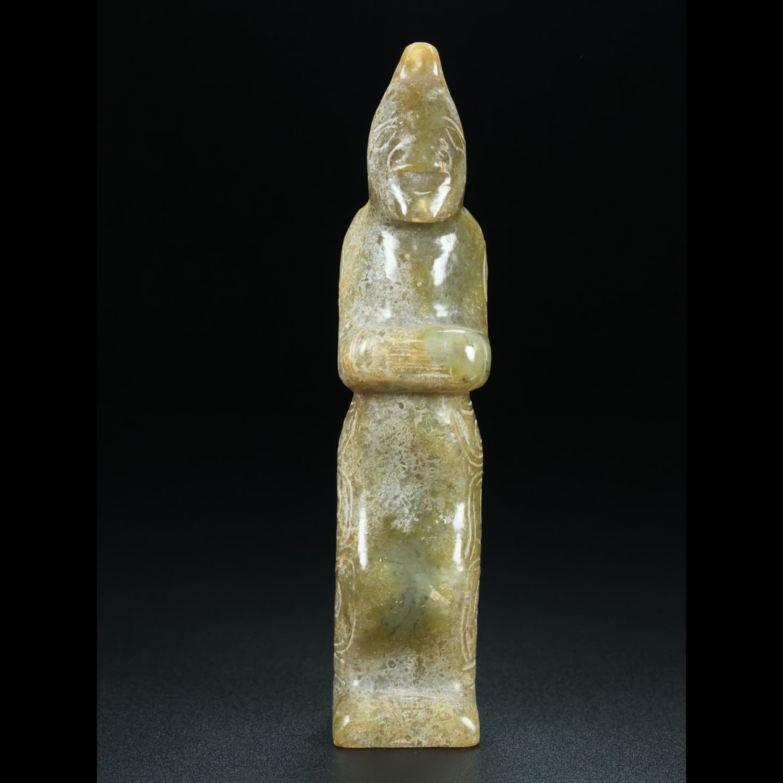 An Exquisite Hotan Jade Human Figure Ornament: An Exquisite Hotan Jade Human Figure Ornament,Ancient Time, China,Size:5.7inx1.3inx1.2in,Weight:221.5g 和田玉人摆件,远古时期