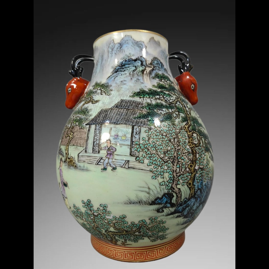 An Exquisite Famille-Rose Landscape and Figures Pattern Deer Head Vase: An Exquisite Famille-Rose Landscape and Figures Pattern Deer Head Vase,Qing Dynasty, China,Yongzheng Six-character Mark,Size:10.8inx8.9in