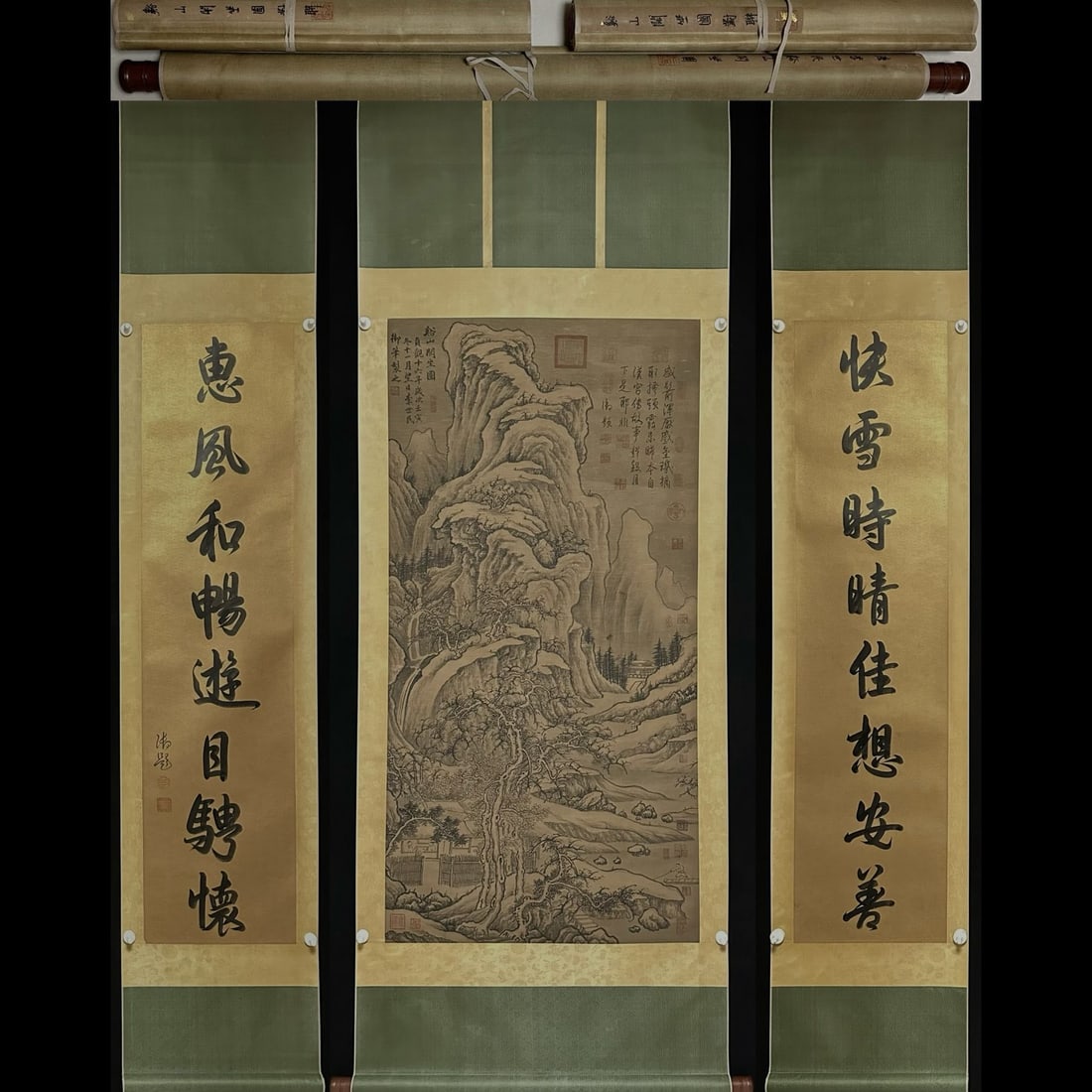 A Set of Chinese Vertical Scroll Ink Paintings of Landscape on Silk: A Set of Chinese Vertical Scroll Ink Paintings of Landscape on Silk,Tang Dynasty, China,Li Shimin,without frame size:26.4inx53.1in,13.4inx53.1in 一套中国水墨绢