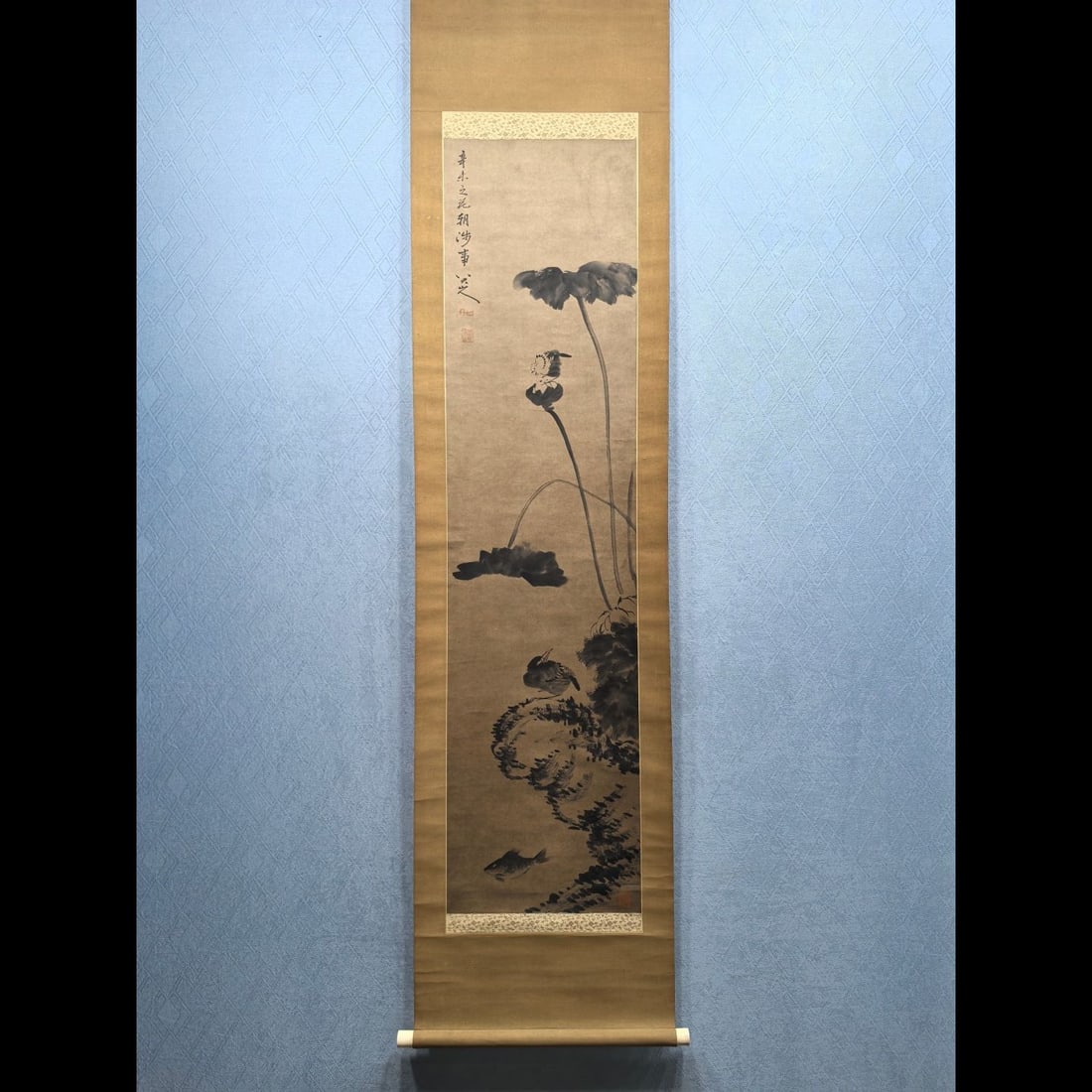 A Chinese Vertical Scroll Ink Painting of Lotus Leaf on Paper: A Chinese Vertical Scroll Ink Painting of Lotus Leaf on Paper,Qing Dynasty, China,Bada Shanren,without frame size:13.3inx53in