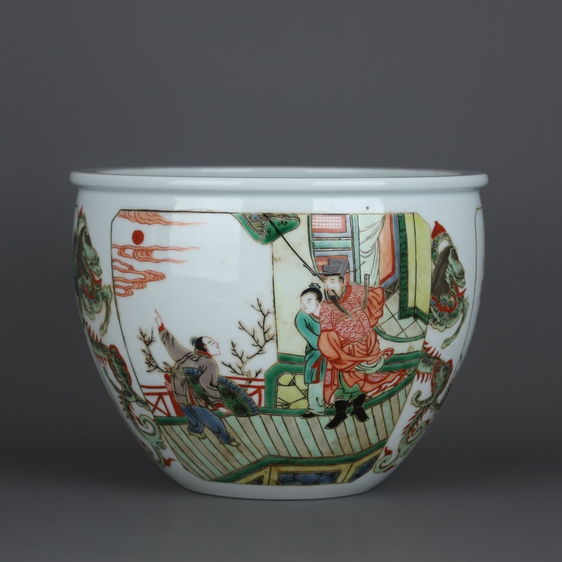 An Exquisite Wucai Character and Story Pattern Vat: An Exquisite Wucai Character and Story Pattern Vat,Qing Dynasty, China,Size:6.9inx9.1in 五彩人物故事纹缸,中国清代