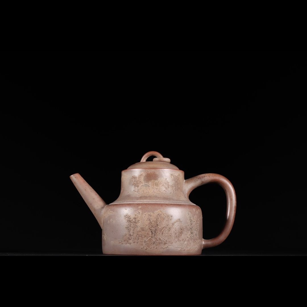 An Exquisite Zisha Landscape Pattern Beast Knob Teapot: An Exquisite Zisha Landscape Pattern Beast Knob Teapot,Qing Dynasty, China,With Mark,Size:4.7inx7.7in 紫砂山水纹兽钮壶,中国清代,