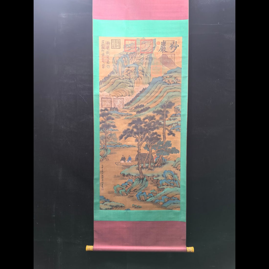 A Chinese Vertical Scroll Ink Painting of Landscape on Silk: A Chinese Vertical Scroll Ink Painting of Landscape on Silk,Tang Dynasty, China,Du Fu,without frame size:25inx52.8in