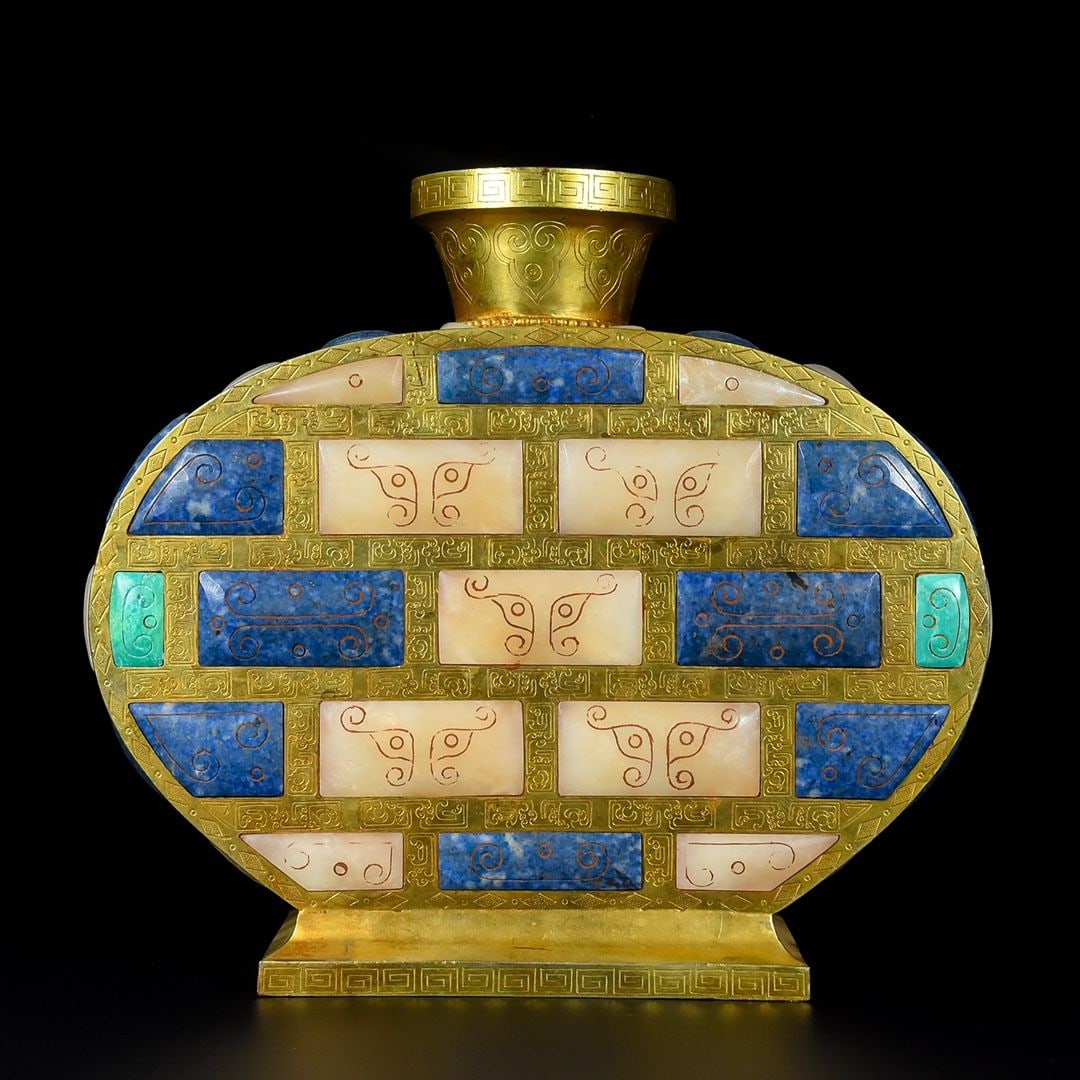 An Exquisite Gilt Bronze Inlaid Hotan Jade Beast-Face Pattern Vase: An Exquisite Gilt Bronze Inlaid Hotan Jade Beast-Face Pattern Vase,Qing Dynasty,China,Size:10.2inx9.3inx3.1in,Weight:2930g 铜鎏金嵌和田玉兽面ń