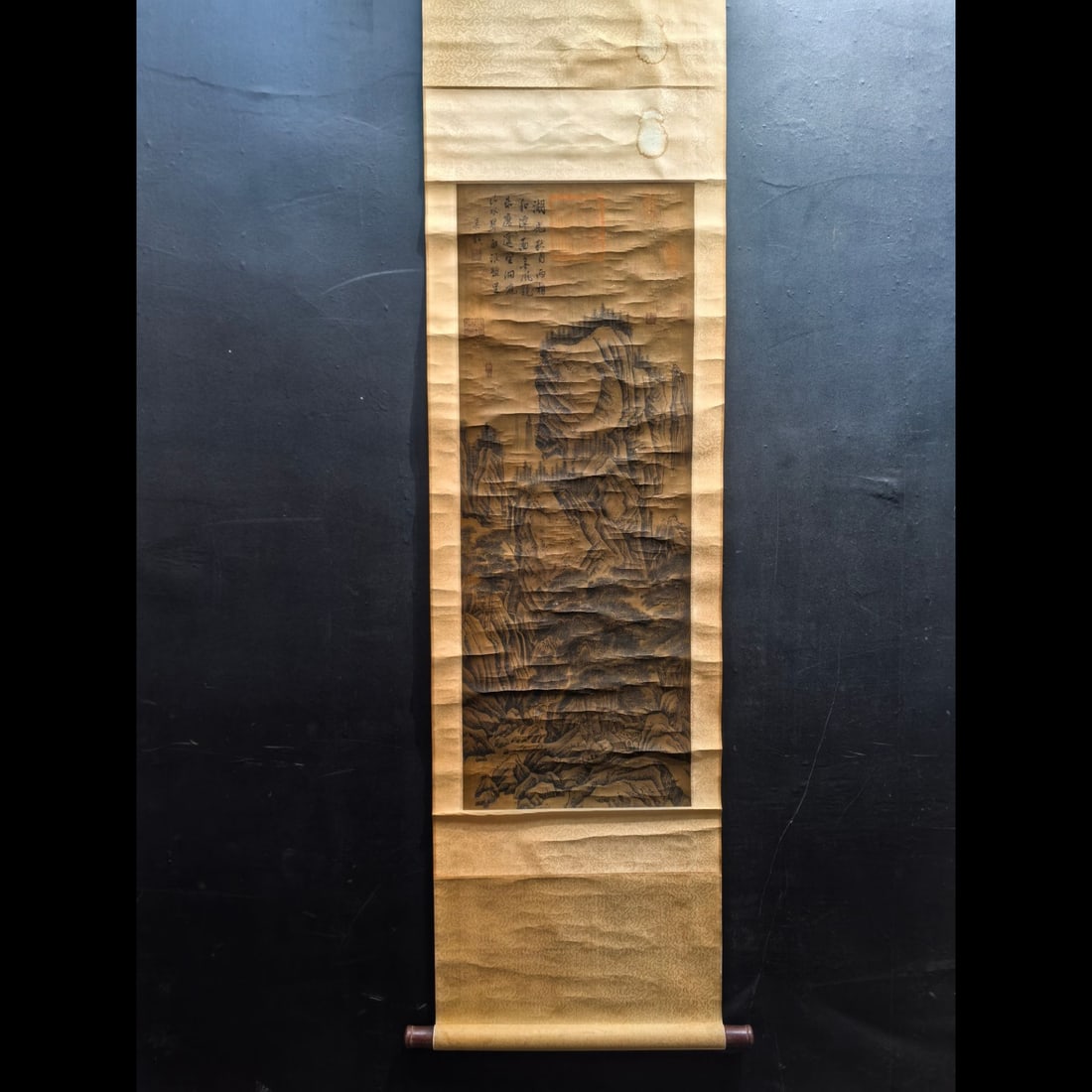A Chinese Vertical Scroll Ink Painting of Landscape on Silk: A Chinese Vertical Scroll Ink Painting of Landscape on Silk,Yuan Dynasty, China,Wu Zhen,without frame size:15.1inx40.3in