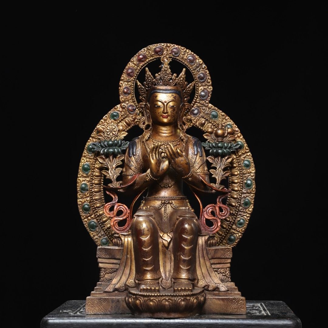 An Exquisite Bronze Slurried-Gold Maitreya Buddha Ornament: An Exquisite Bronze Slurried-Gold Maitreya Buddha Ornament,Qing Dynasty, China,Size:18.9inx13inx8.7in,Weight:8700g