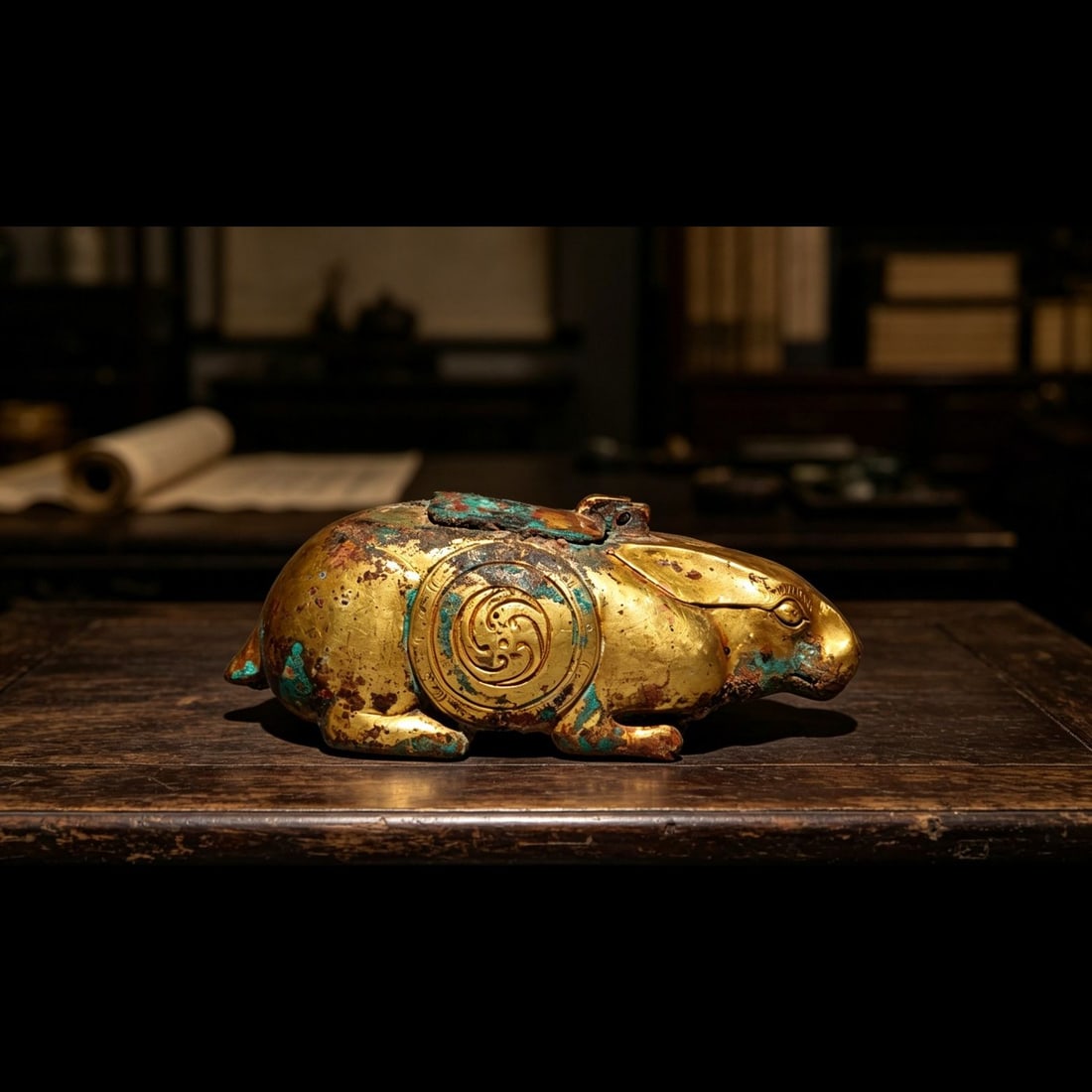 An Exquisite Gilt Bronze Rabbit Ornament: An Exquisite Gilt Bronze Rabbit Ornament,Han Dynasty, China,Size:2.6inx6.3inx2.6in 青铜鎏金兔摆件,中国汉代