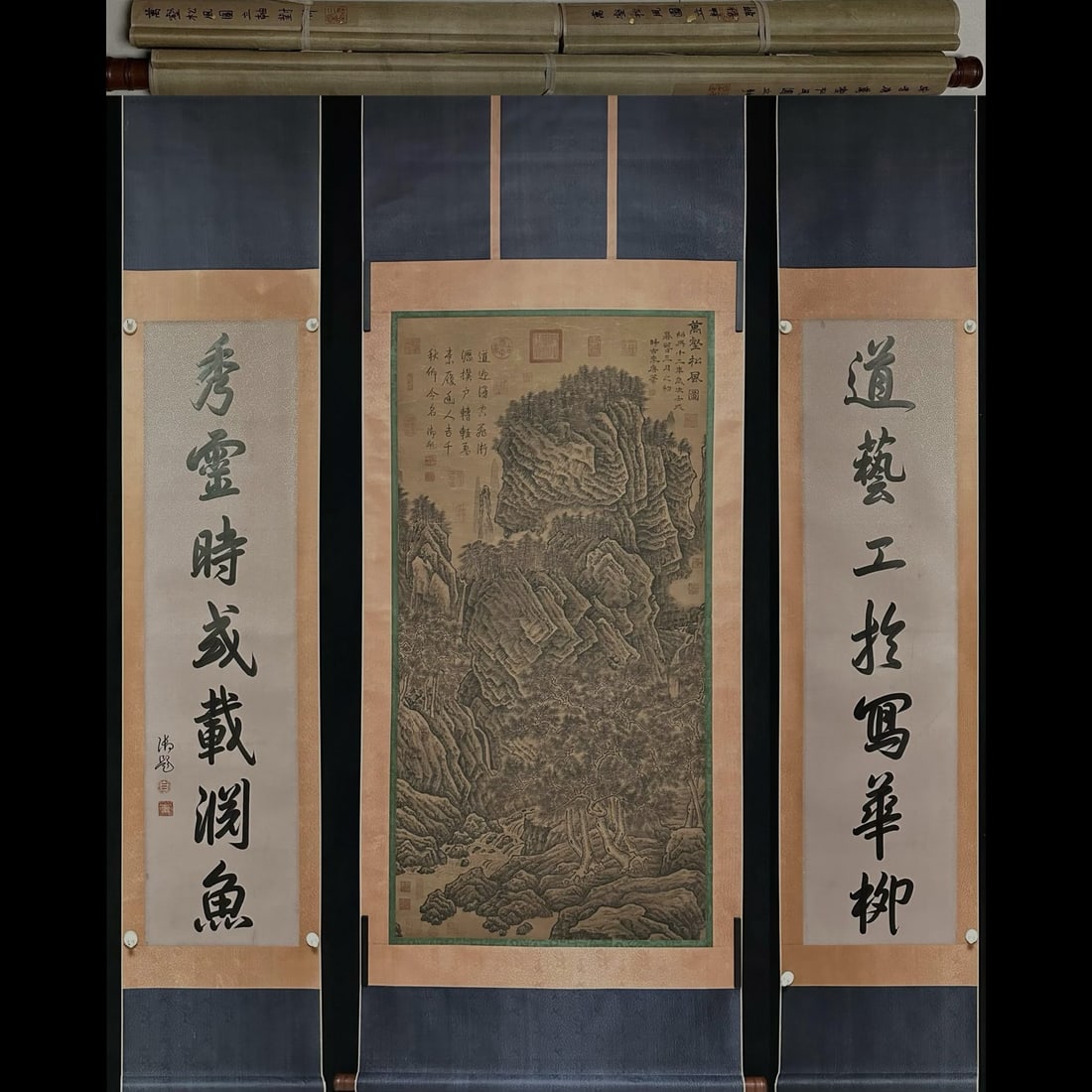 A Set of Chinese Vertical Scroll Ink Paintings of Landscape on Silk: A Set of Chinese Vertical Scroll Ink Paintings of Landscape on Silk,Song Dynasty, China,Li Tang,without frame size:26.4inx52.8in,13.4inx52.8in 一套中国水墨绢&