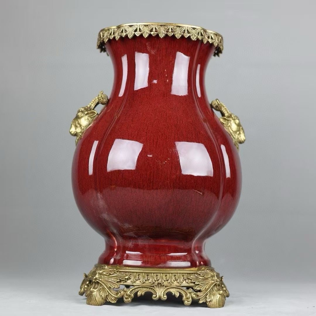 An Exquisite Langyao Red Copper-Inlaid Sheep-Ears Vase: An Exquisite Langyao Red Copper-Inlaid Sheep-Ears Vase,Qing Dynasty, China,Yongzheng Six-character Mark,Size:16.1inx7.9inx10.6inx9.1in