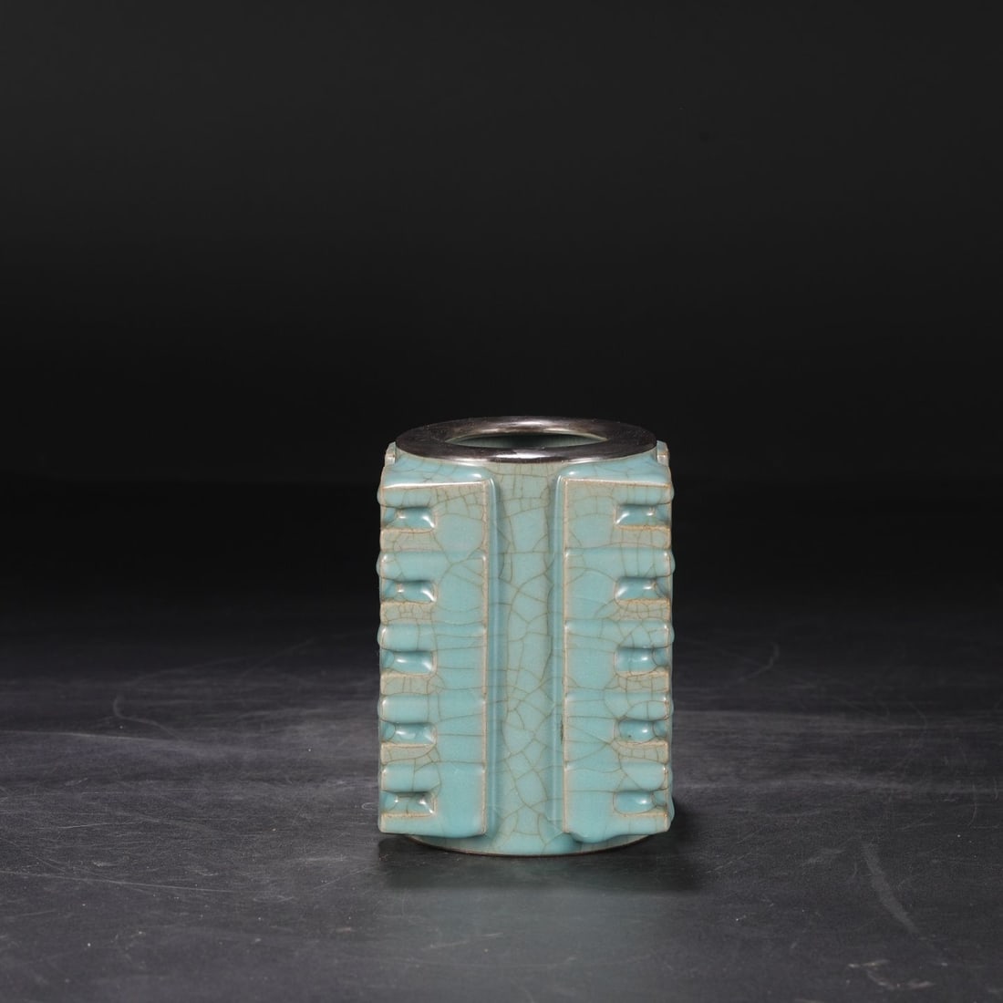 An Exquisite Guan Yao Celadon Glazed Silver Rim Vase with an Imperial Poem by Emperor Qianlong: An Exquisite Guan Yao Celadon Glazed Silver Rim Vase with an Imperial Poem by Emperor Qianlong,Song Dynasty, China,Size:5.9inx3.1inx4.3in 官窑青釉银口瓶,ñ