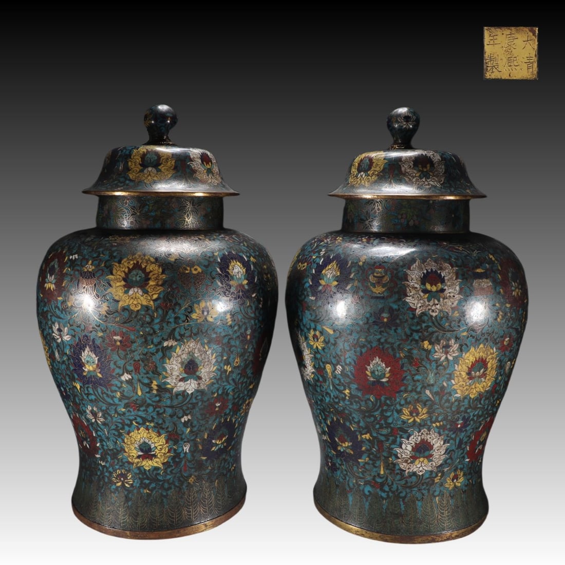 A pair of Exquisite Copper Body Cloisonne Lotus Pattern Jar: A pair of Exquisite Copper Body Cloisonne Lotus Pattern Jar,Qing Dynasty, China,Kangxi Six-character Mark,Size:24.4inx7.7inx14.6in,Weight:9150g