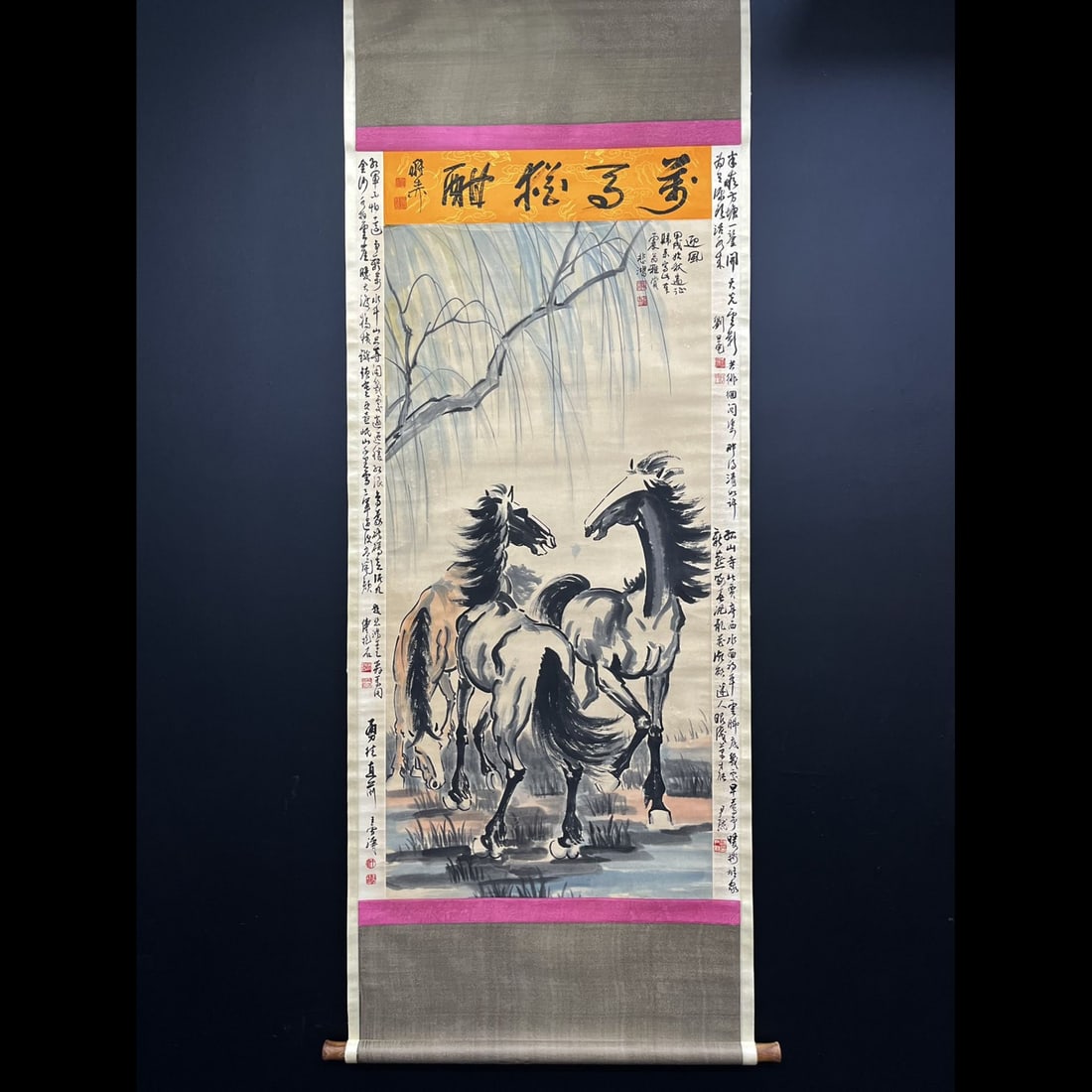 A Chinese Vertical Scroll Ink Painting of Horse on Paper: A Chinese Vertical Scroll Ink Painting of Horse on Paper,Modern Time of China,Xu Beihong,without frame size:29.9inx58.3in 一幅中国水墨纸本马ஹ