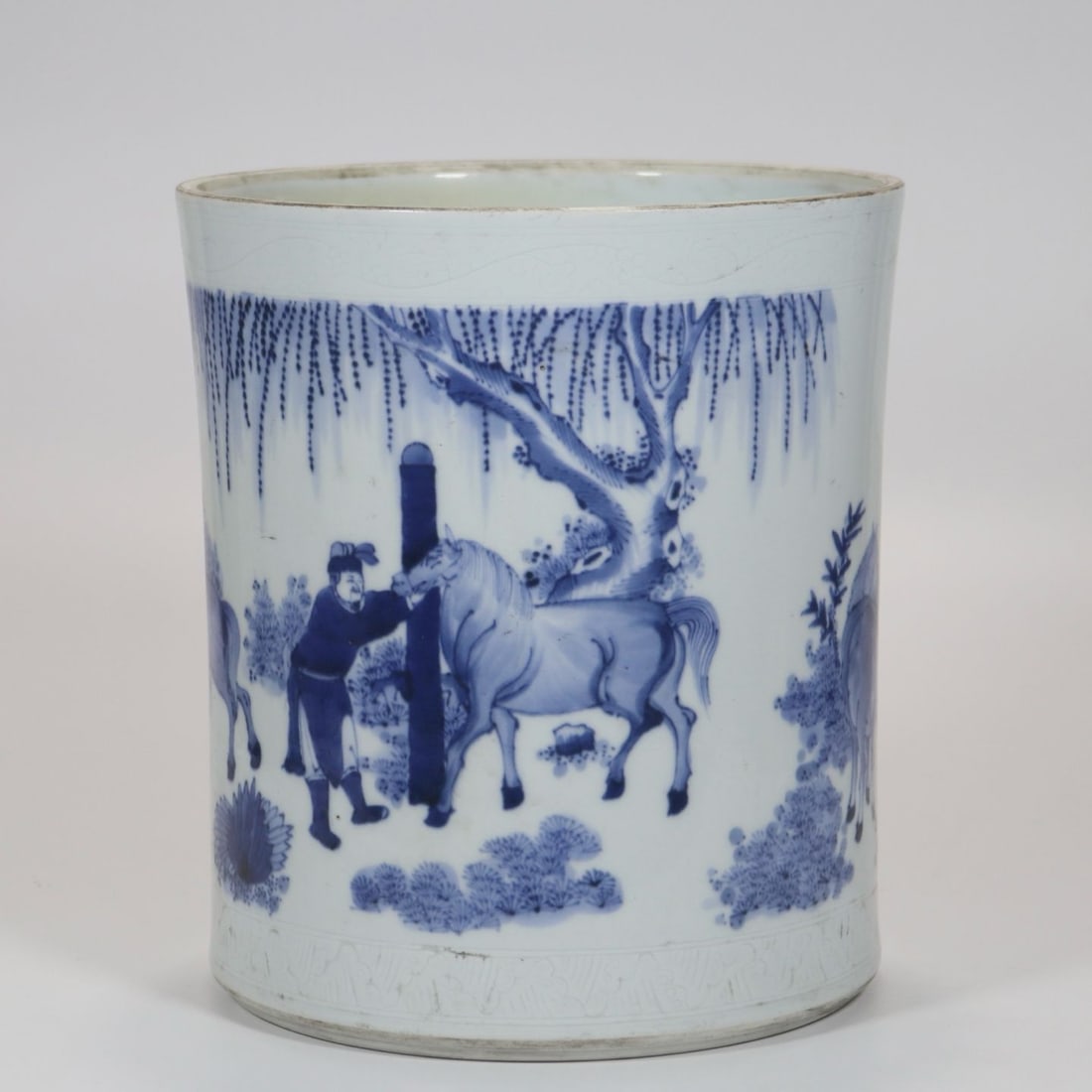 An Exquisite Blue and White Horse Pattern Brush Pot: An Exquisite Blue and White Horse Pattern Brush Pot,Ming Dynasty, China,Size:8.5inx7.6in 青花马纹笔筒,中国明代