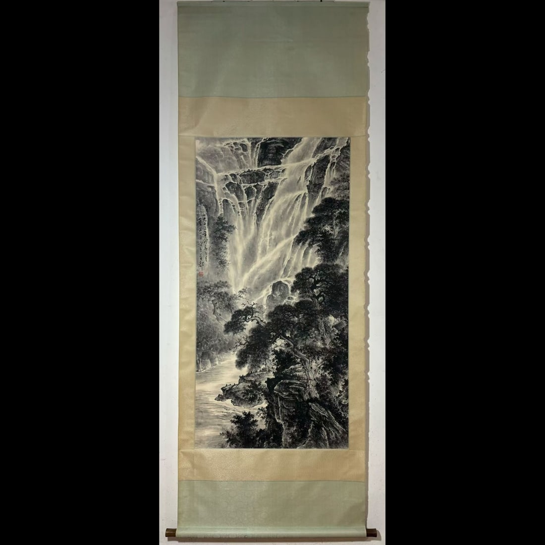 A Chinese Vertical Scroll Ink Landscape Painting on Paper: A Chinese Vertical Scroll Ink Landscape Painting on Paper,Modern Time of China,Dong Shouping,without frame size:52.6inx26in