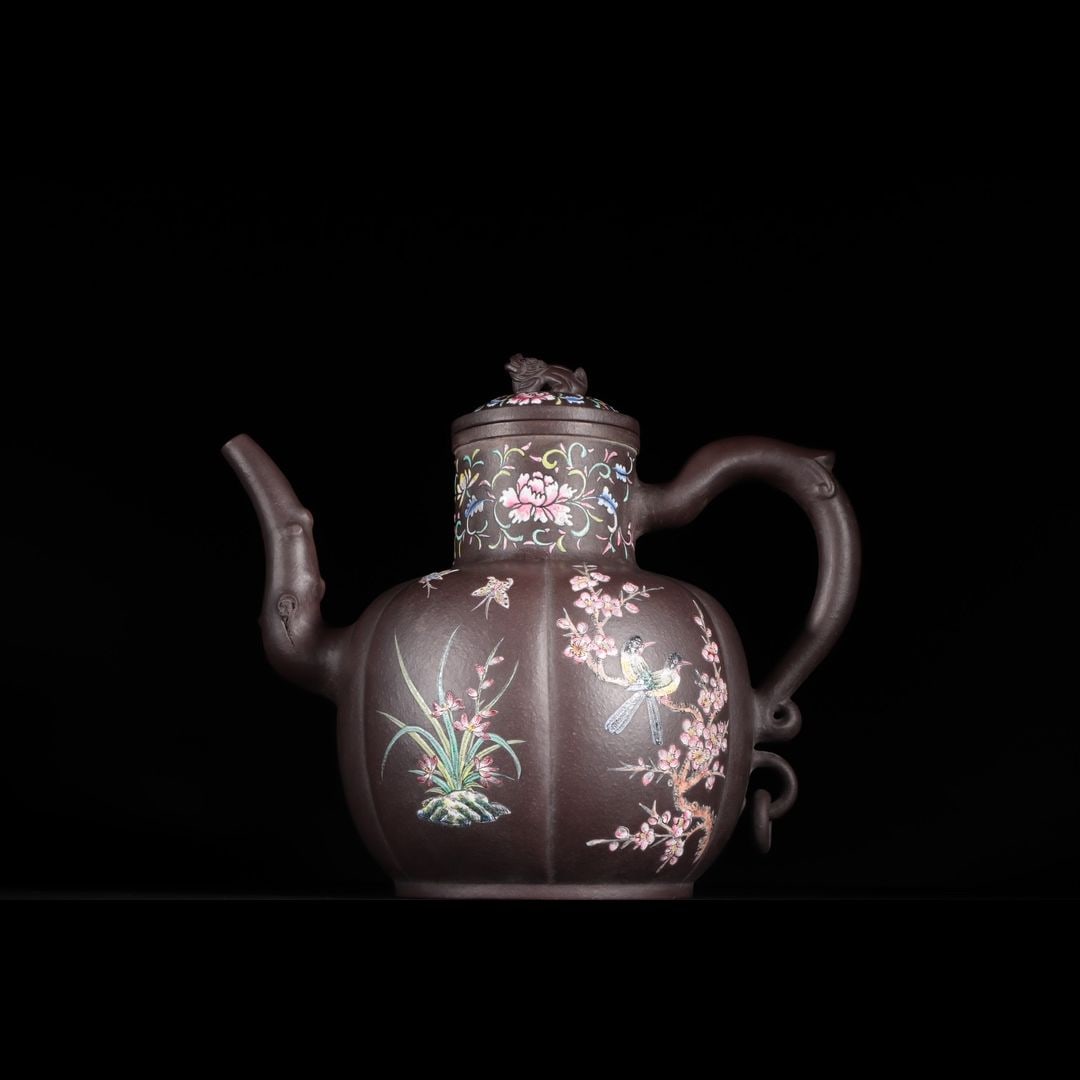 An Exquisite Zisha Flower and Bird Pattern Beast Knob Teapot: An Exquisite Zisha Flower and Bird Pattern Beast Knob Teapot,Qing Dynasty, China,With Mark,Size:10.9inx12.6in 紫砂花鸟纹兽钮壶,中国清&