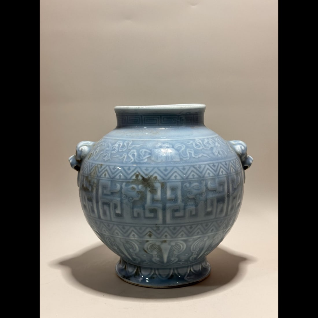 An Exquisite Sky Blue Glazed Beast-Ears Jar: An Exquisite Sky Blue Glazed Beast-Ears Jar,Qing Dynasty, China,Qianlong Six-character Mark,Size:4.8inx4.6inx9.4inx5in