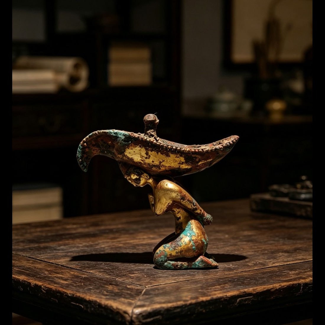 An Exquisite Gilt Bronze Figure‑Shaped Cup: An Exquisite Gilt Bronze Figure‑Shaped Cup,Han Dynasty, China,Size:5.5inx6.3inx2.2in 铜鎏金人形杯,中国汉代