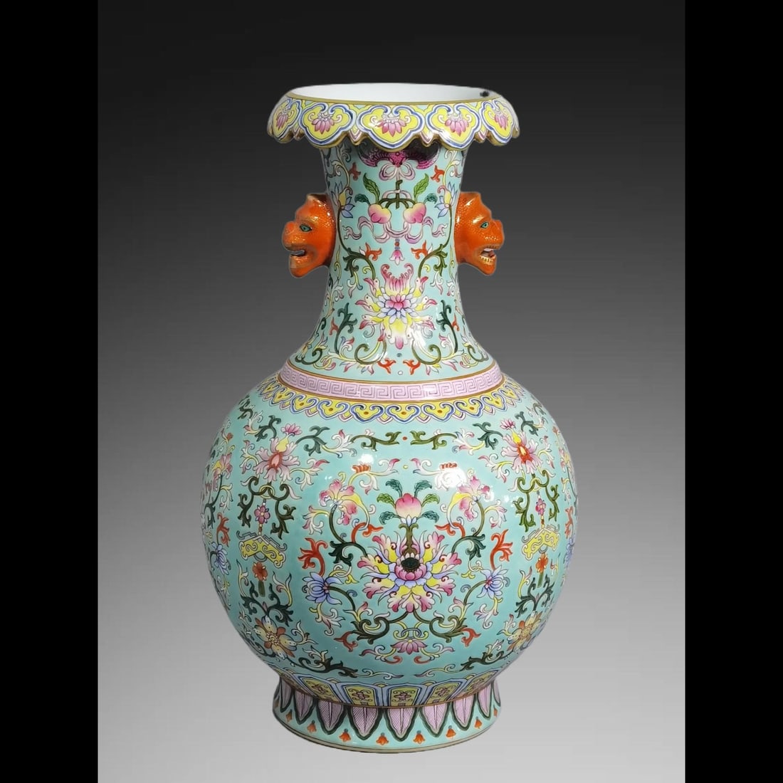 An Exquisite Turquoise-Glazed Green Ground Lotus Pattern Beast-Ears Vase: An Exquisite Turquoise-Glazed Green Ground Lotus Pattern Beast-Ears Vase,Qing Dynasty, China,Qianlong Six‑character Mark,Size:13inx7.9in 松石绿地缠枝莲&