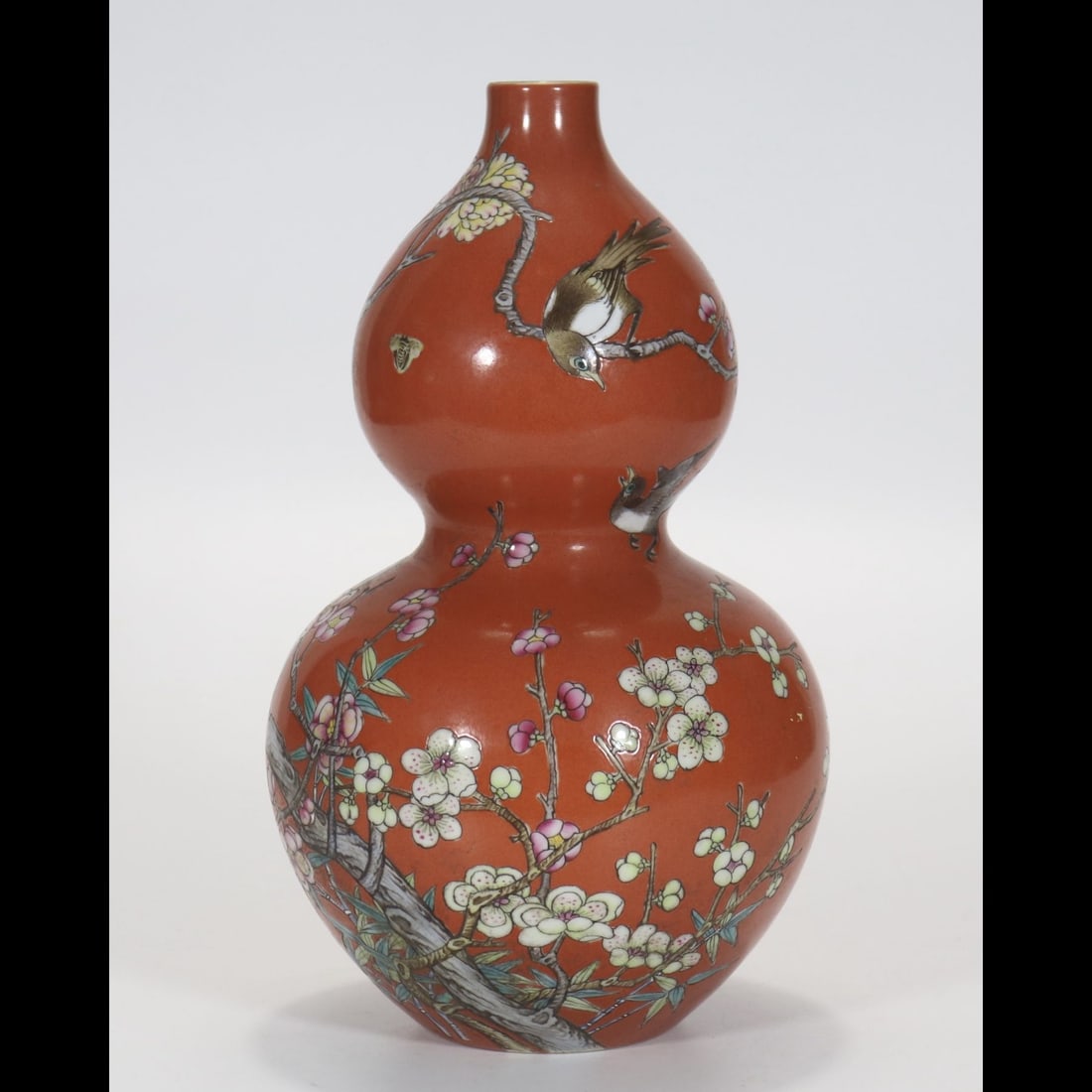 An Exquisite Coral Red Ground Flower and Bird Pattern Gourd Vase: An Exquisite Coral Red Ground Flower and Bird Pattern Gourd Vase,Qing Dynasty, China,Qianlong Six‑character Mark,Size:9.3in 珊瑚红地花鸟纹葫ഐ