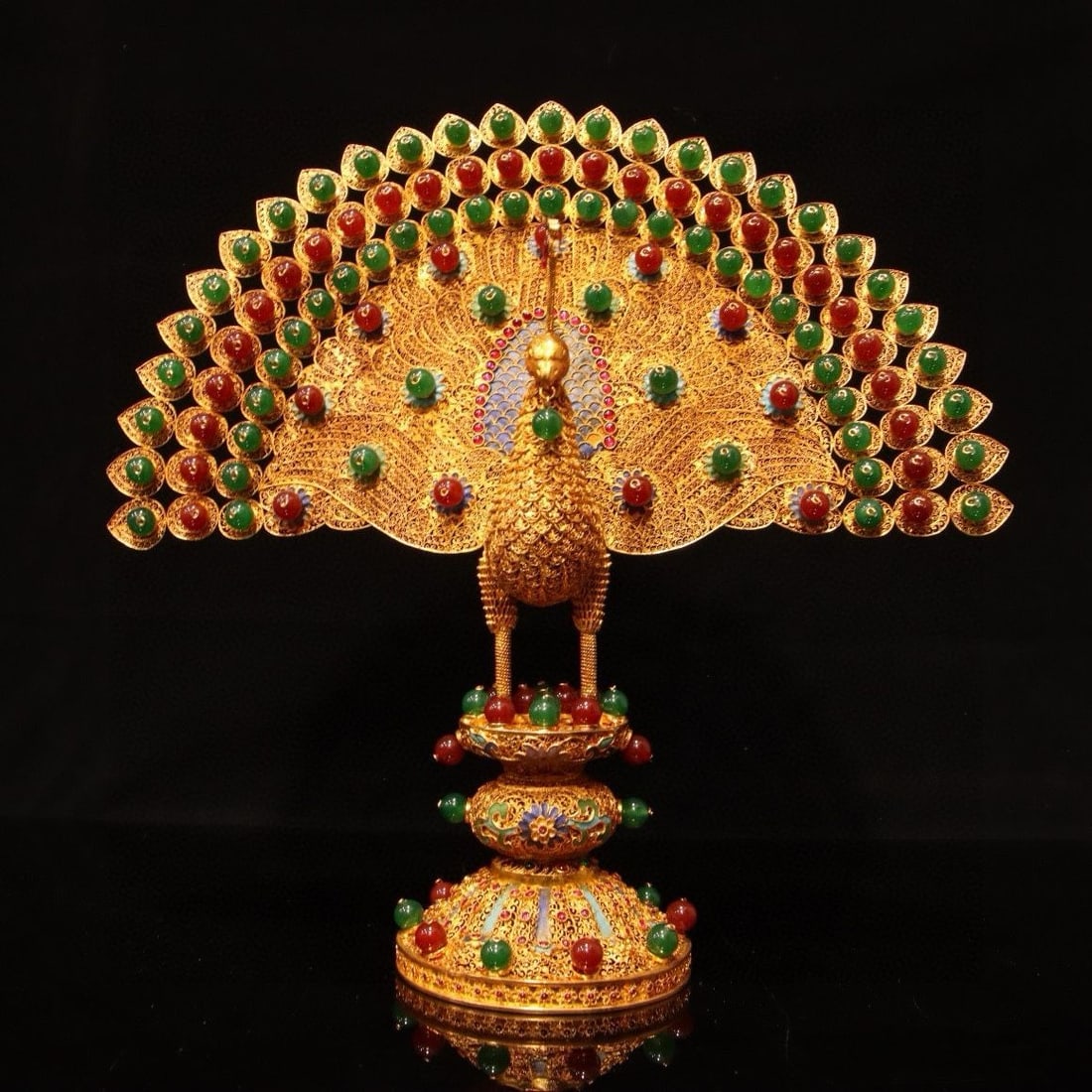 An Exquisite Gilt Bronze Inlaid Gems Peacock Ornament (1 of 9)