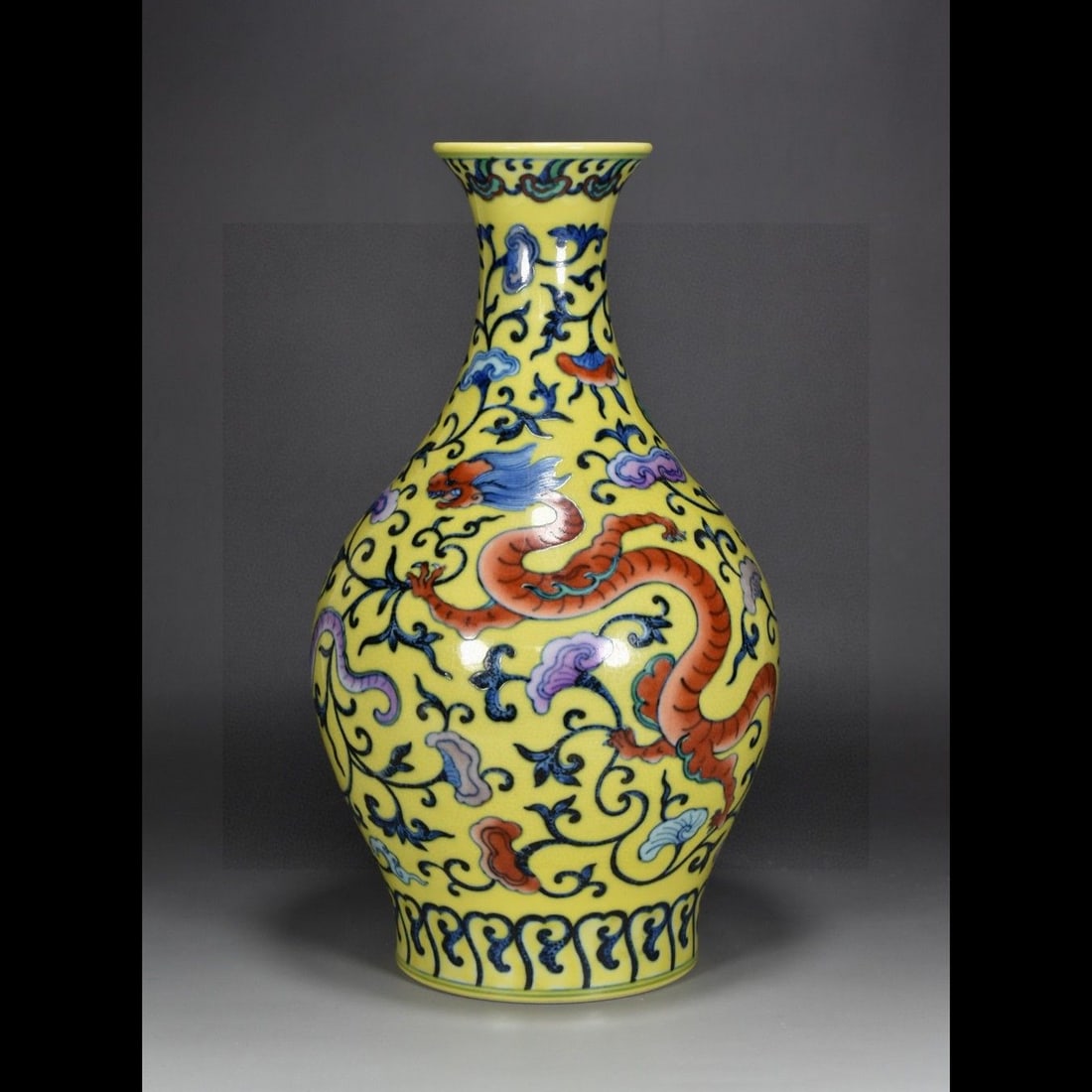 An Exquisite Guan Kiln Yellow Glazed Doucai Dragon Pattern Vase: An Exquisite Guan Kiln Yellow Glazed Doucai Dragon Pattern Vase,Qing Dynasty, China,Qianlong Six-character Mark,Size:12.6inx7.1in