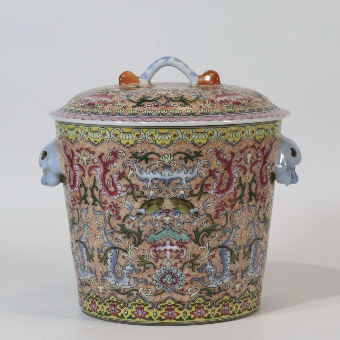 An Exquisite Famille-Rose Scroll Grass Pattern Double-Ears Jar: An Exquisite Famille-Rose Scroll Grass Pattern Double-Ears Jar,Qing Dynasty, China,Qianlong Six‑character Mark,Size:9.3inx7.9in 粉彩卷草纹双耳罐,&