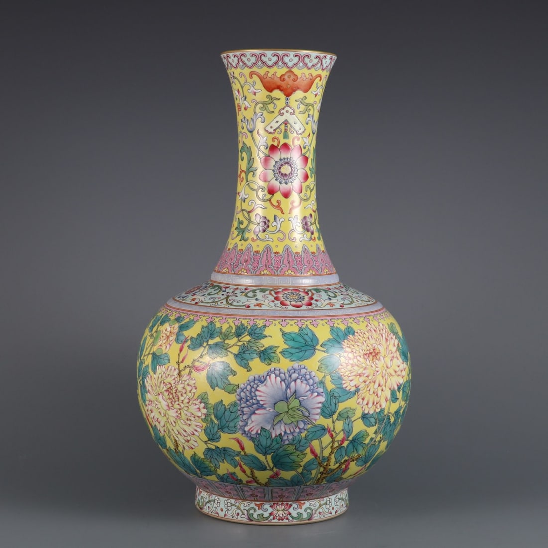 An Exquisite Yellow Ground Famille-Rose Flower Pattern Vase: An Exquisite Yellow Ground Famille-Rose Flower Pattern Vase,Qing Dynasty, China,Yongzheng Six‑character Mark,Size:15.4inx8.7inx3.8in