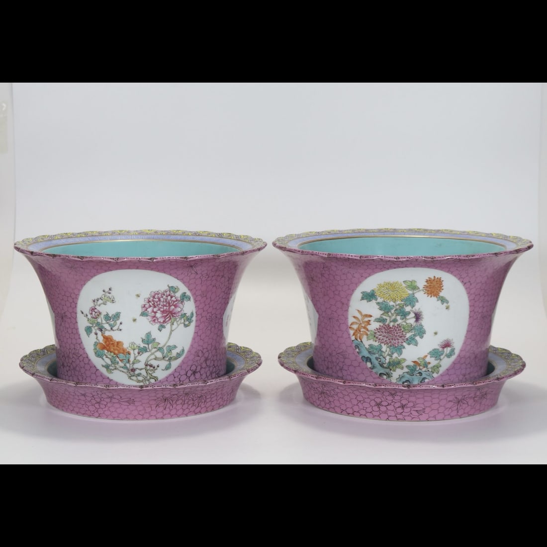 A pair of Exquisite Enamel Rouge-pink Ground Flower Pattern Basin: A pair of Exquisite Enamel Rouge-pink Ground Flower Pattern Basin,Qing Dynasty, China,Yongzheng Four‑character Mark,Size:7.1inx11.2in