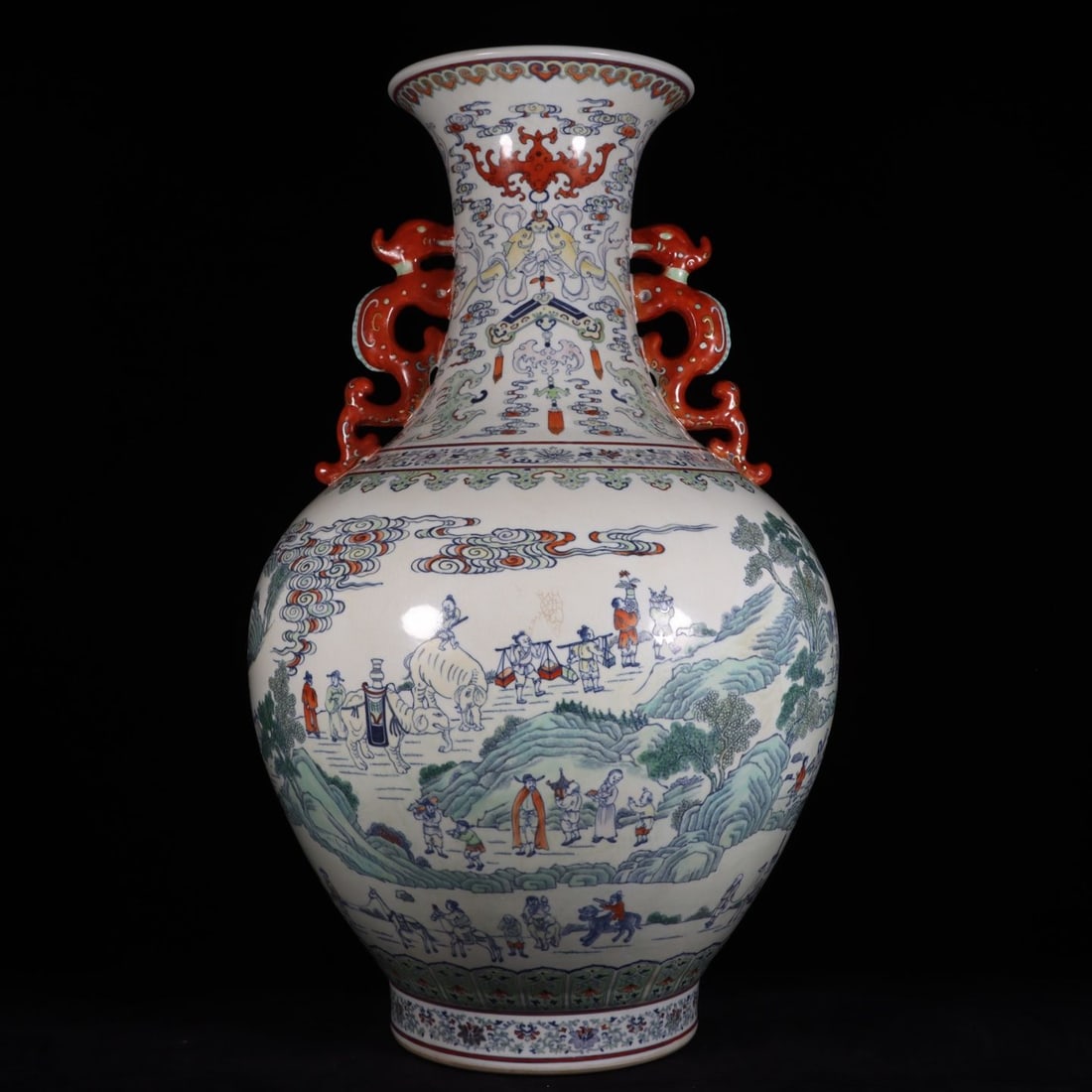 An Exquisite Blue and White Doucai Figures Pattern Double-Ears Vase: An Exquisite Blue and White Doucai Figures Pattern Double-Ears Vase,Qing Dynasty, China,Qianlong Six-character Mark,Size:28.7inx9.3inx18.1inx9.3in 青花斗彩人物ń