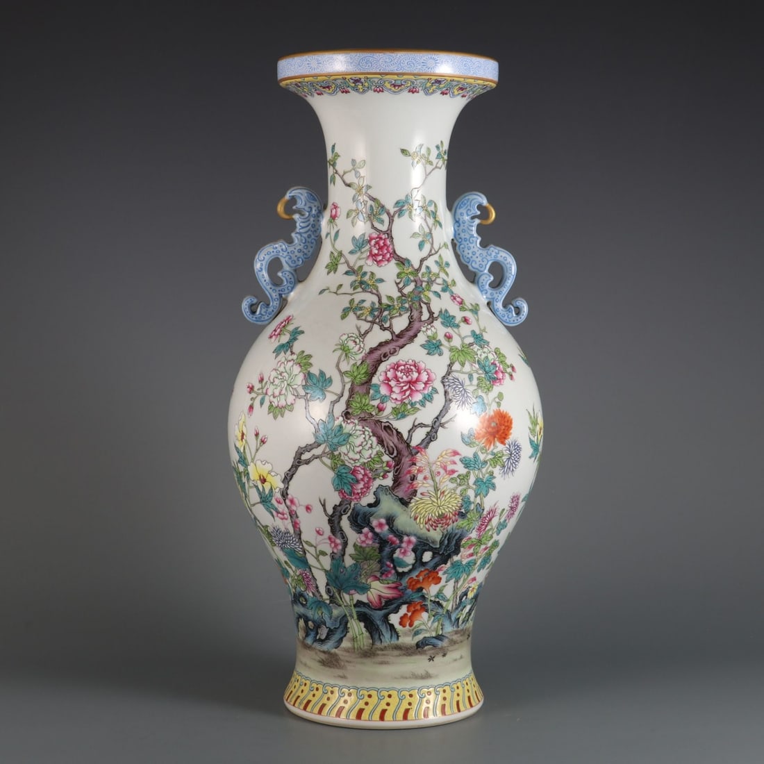 An Exquisite Famille-Rose Flower Pattern Double-Ears Vase: An Exquisite Famille-Rose Flower Pattern Double-Ears Vase,Qing Dynasty, China,Qianlong Six‑character Mark,Size:16.9inx8.3inx5.6in