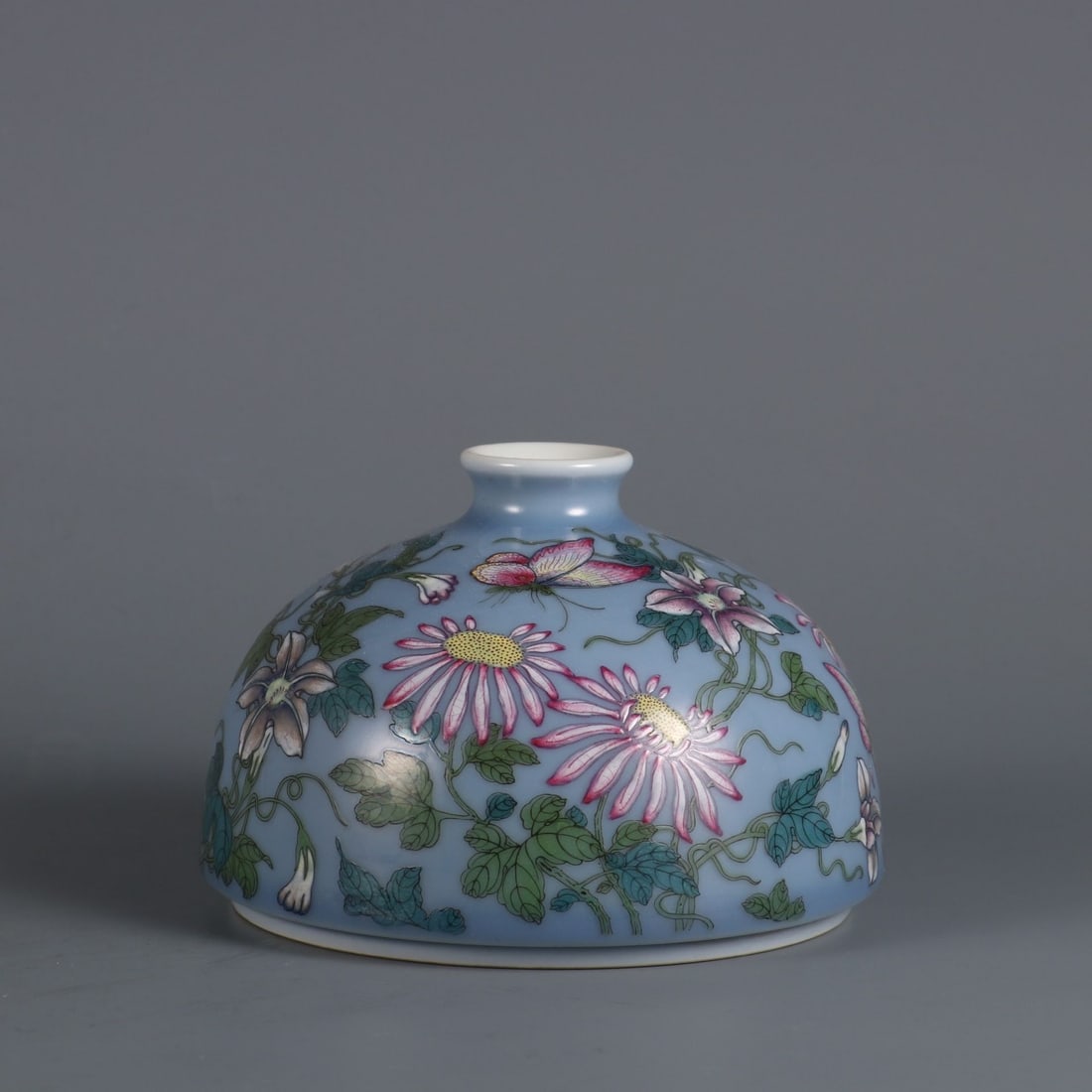 An Exquisite Sky Blue Glazed Famille-Rose Flower and Butterfly Pattern Vase: An Exquisite Sky Blue Glazed Famille-Rose Flower and Butterfly Pattern Vase,Qing Dynasty, China,Yongzheng Six‑character Mark,Size:3.5inx4.7inx1.3in 天蓝釉粉彩උ