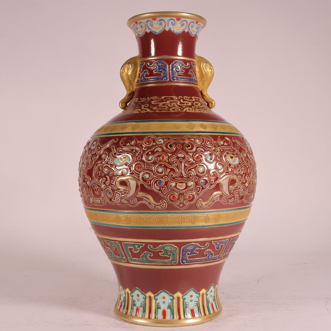 An Exquisite Enamel Painted Gold Beast-Face Pattern Elephant-Ears Vase: An Exquisite Enamel Painted Gold Beast-Face Pattern Elephant-Ears Vase,Qing Dynasty, China,Qianlong Six-character Mark,Size:10.1inx5.5in 珐琅彩描金兽面纹