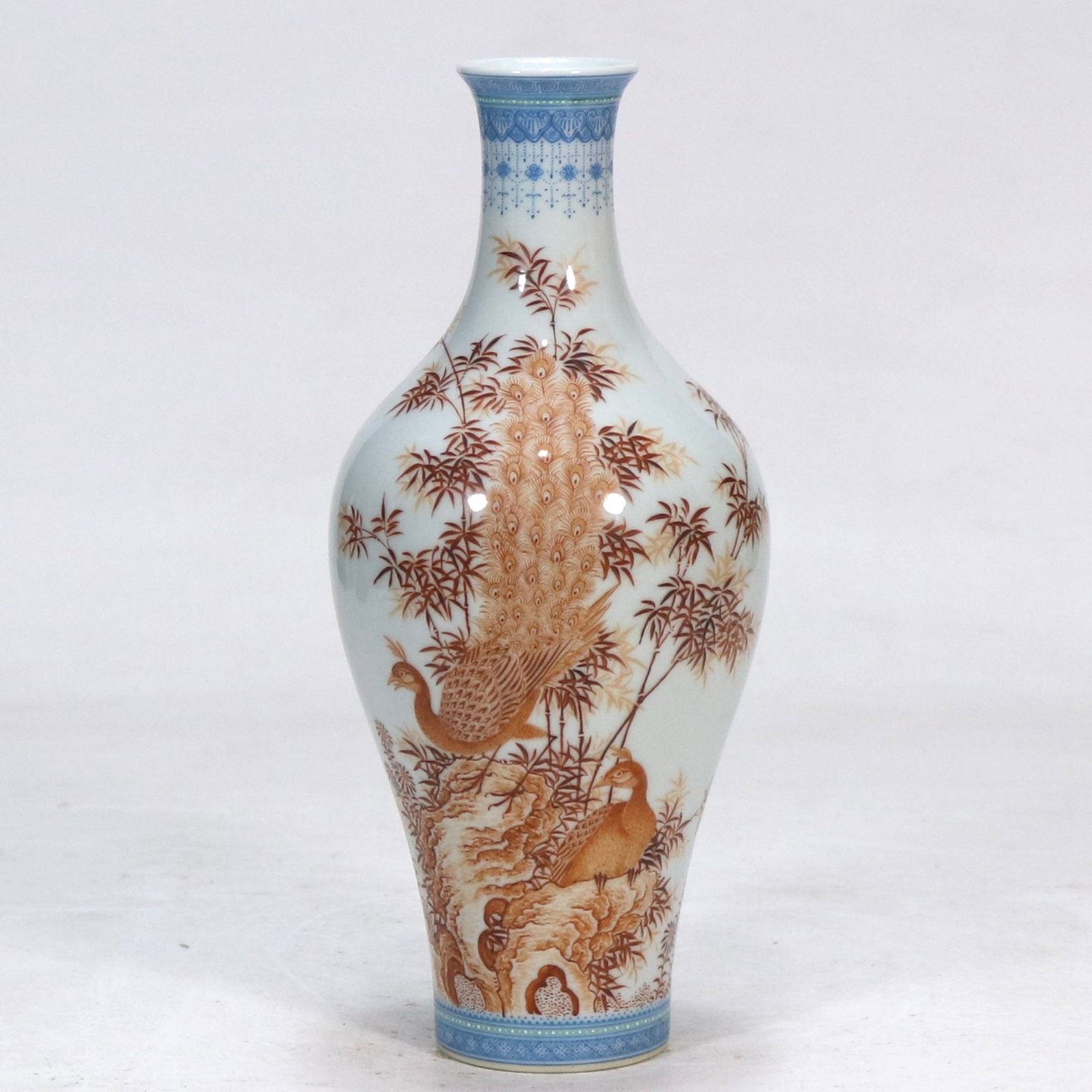 An Exquisite Iron-Red Flower and Peacock Pattern Vase,with poem (1 of 9)