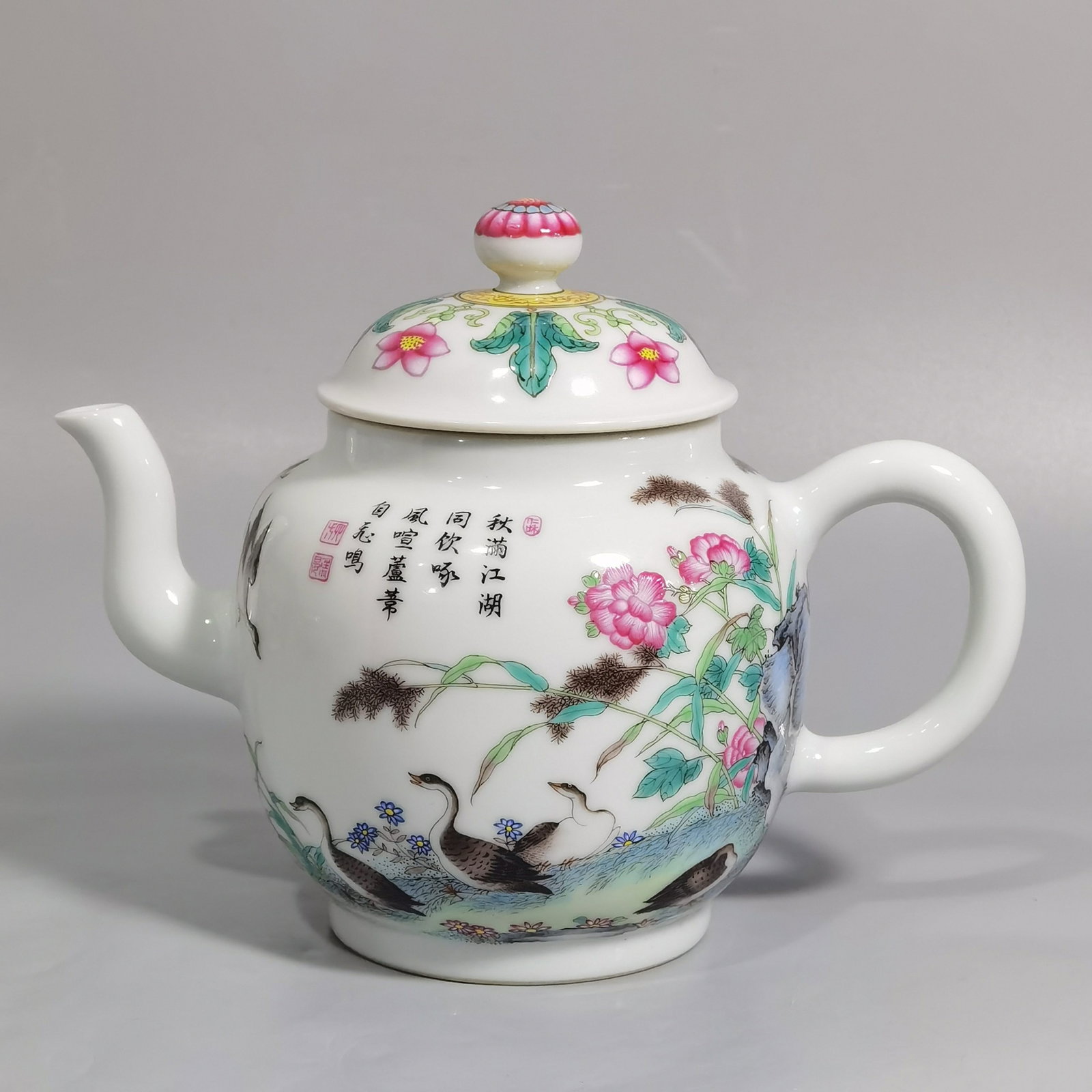 An Exquisite Enamel Flower and Bird Pattern Teapot,with poem: An Exquisite Enamel Flower and Bird Pattern Teapot,with poem,Qing Dynasty,China,Qianlong Four-character Mark,Size:5.1inx4.1in 珐琅彩花鸟纹茶壶,带&