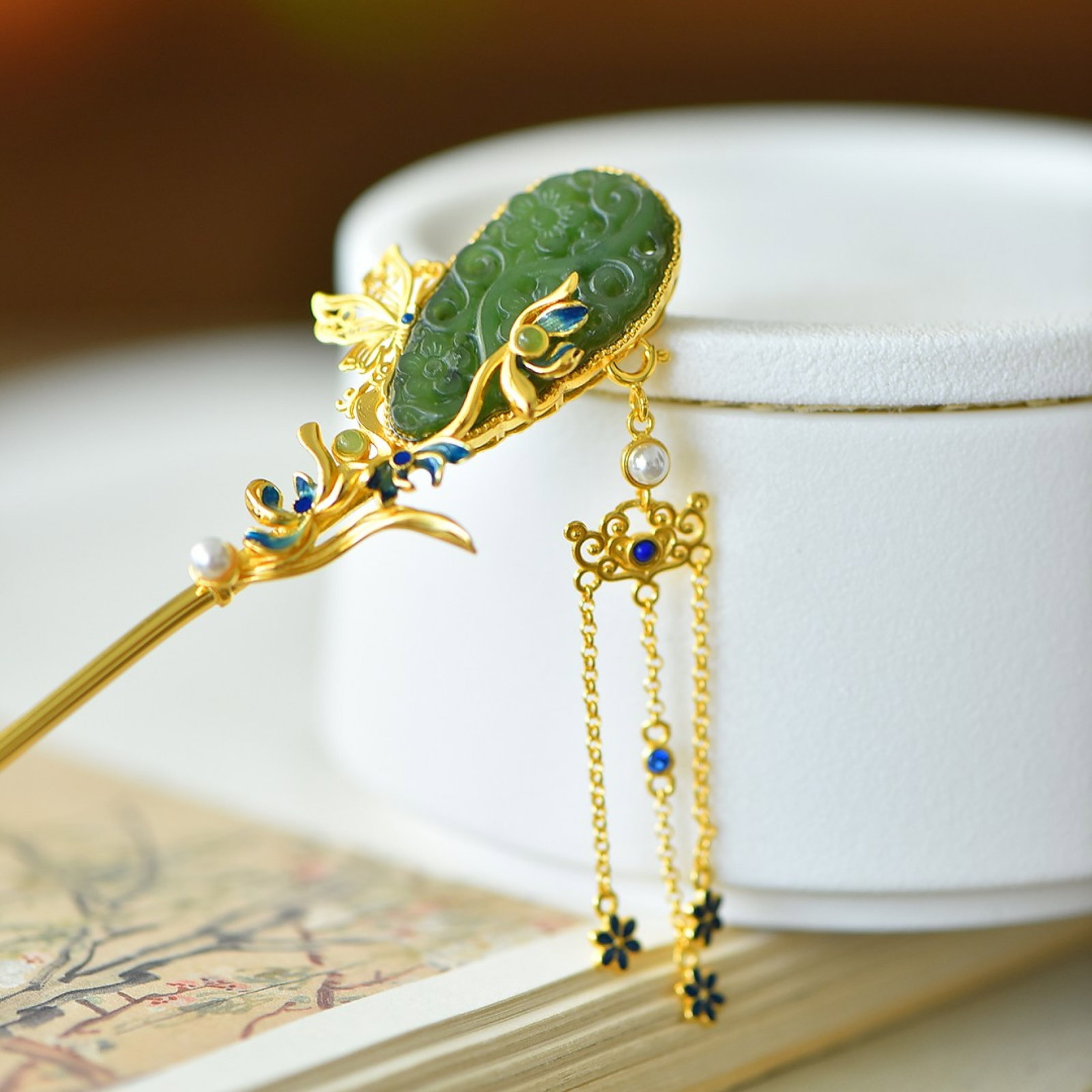 An Exquisite Sterling Silver-Gold Plated Inlaid Jasper Hairpin,Inlaid Pearl: An Exquisite Sterling Silver-Gold Plated Inlaid Jasper Hairpin,Inlaid Pearl,Size:0.6inx1.2in 纯银镀金镶碧玉发簪,嵌珍珠