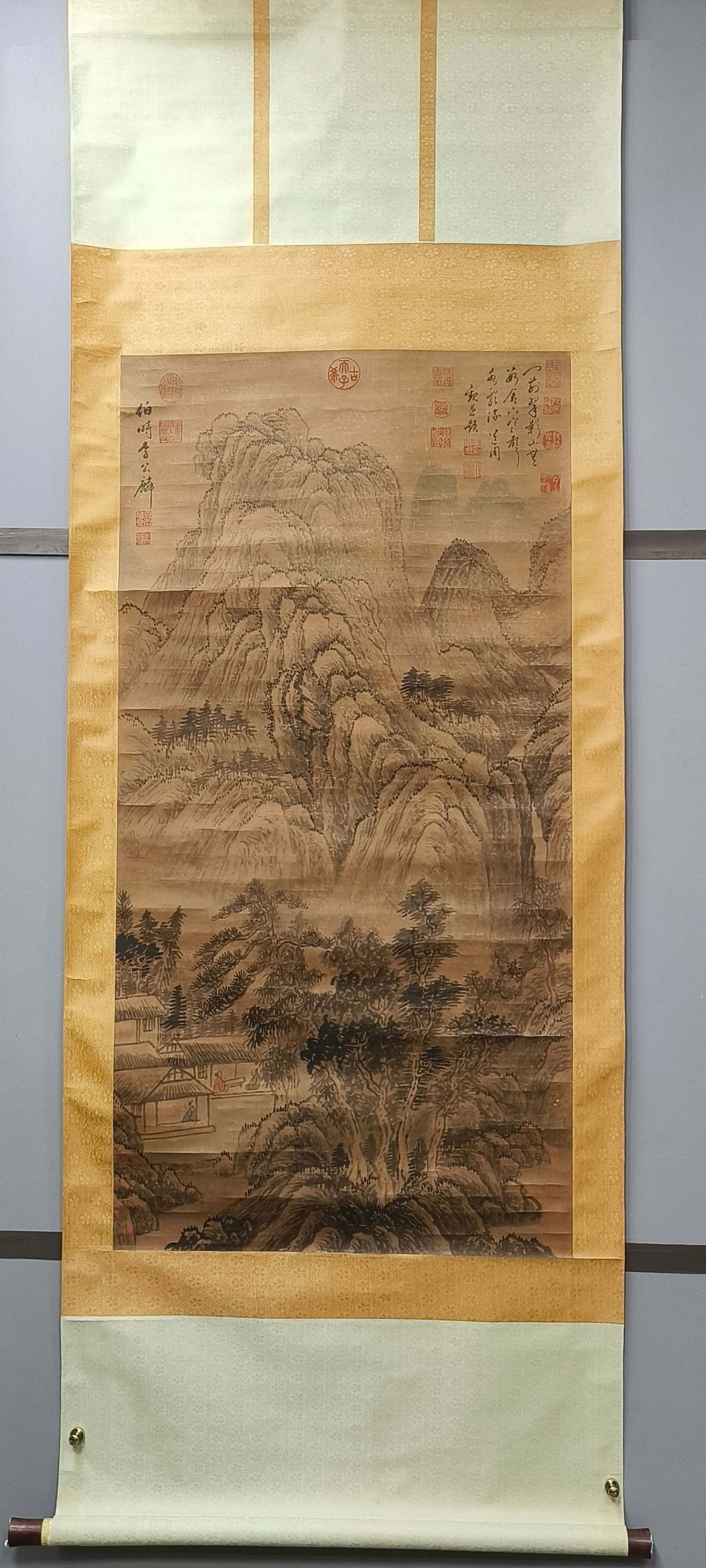 A Chinese Vertical Scroll Ink Painting of Landscape on Paper: A Chinese Vertical Scroll Ink Painting of Landscape on Paper,Li Gonglin,Size:50.4inx25.2in
