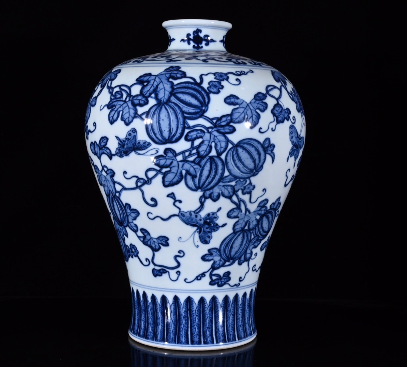 A Rare Blue and White Melon and Fruit Pattern Vase: A Rare Blue and White Melon and Fruit Pattern Vase,Qing Dynasty,China,Qianlong Six-character Mark,Size:12.6inx8.3in