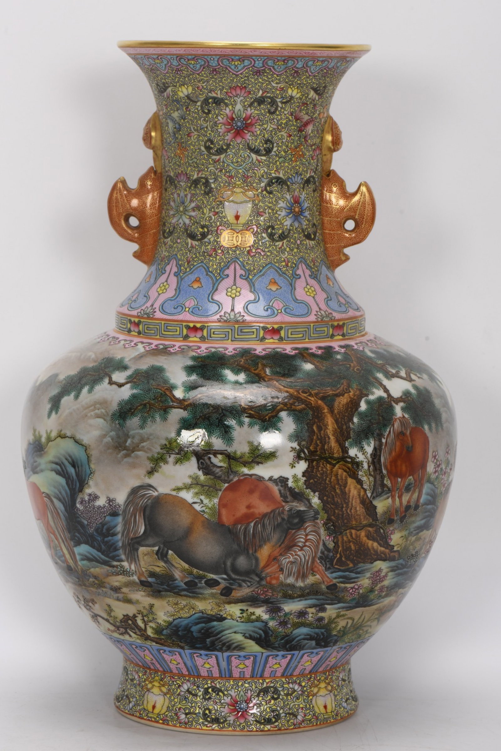A Rare Enamel Horse Pattern Double-Ears Vase: A Rare Enamel Horse Pattern Double-Ears Vase,Qing Dynasty,China,Qianlong Six-character Mark,Size:13inx8.3in