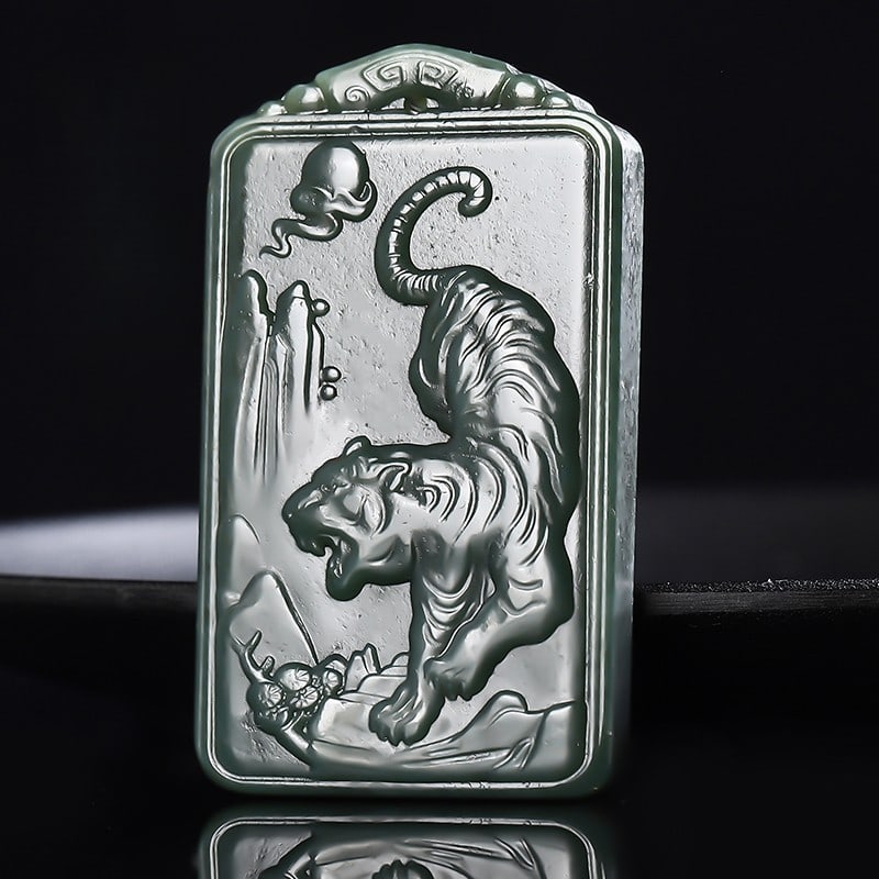 An Exquisite Cyan jade Tiger Pattern Pendant: An Exquisite Cyan jade Tiger Pattern Pendant 青玉虎纹挂件