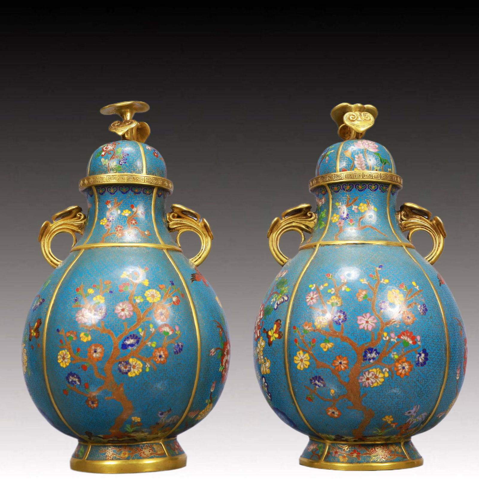 A Pair of Rare Cloisonne Flower and Bird Pattern Ruyi-Ears Vase, With Ruyi Cover: A Pair of Rare Cloisonne Flower and Bird Pattern Ruyi-Ears Vase, With Ruyi Cover, Qing Dynasty, China, Qianlong Four-character Mark, Size:7.9inx14.2in, Weight:11600g