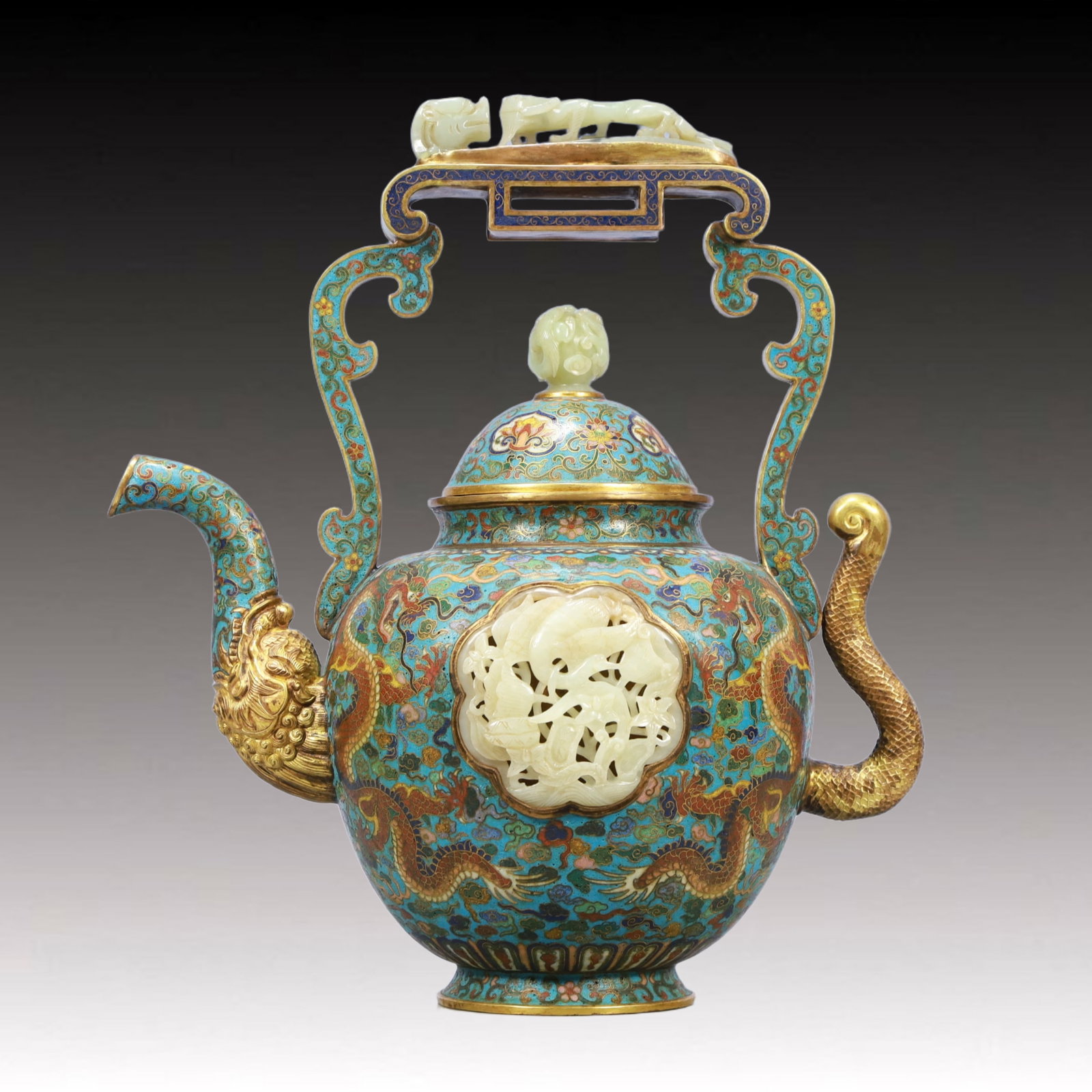 A Rare Cloisonne Inlaid White Jade Auspicious Cloud and Dragon Pattern Ewer: A Rare Cloisonne Inlaid White Jade Auspicious Cloud and Dragon Pattern Ewer,Qing Dynasty, China,Qianlong Four-character Mark,Size:12.2inx7.1inx13.4in,Weight:2950g