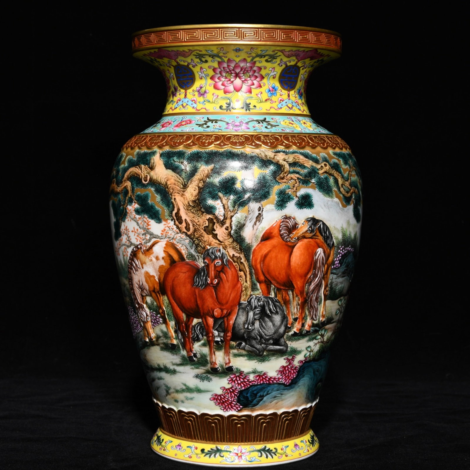 A Rare Gold Ground Enamel Pine and Horse Pattern Vase: A Rare Gold Ground Enamel Pine and Horse Pattern Vase,Qing Dynasty,China,Qianlong Six-character Mark,Size:11.8inx7.1in 金地珐琅彩松马纹瓶,中