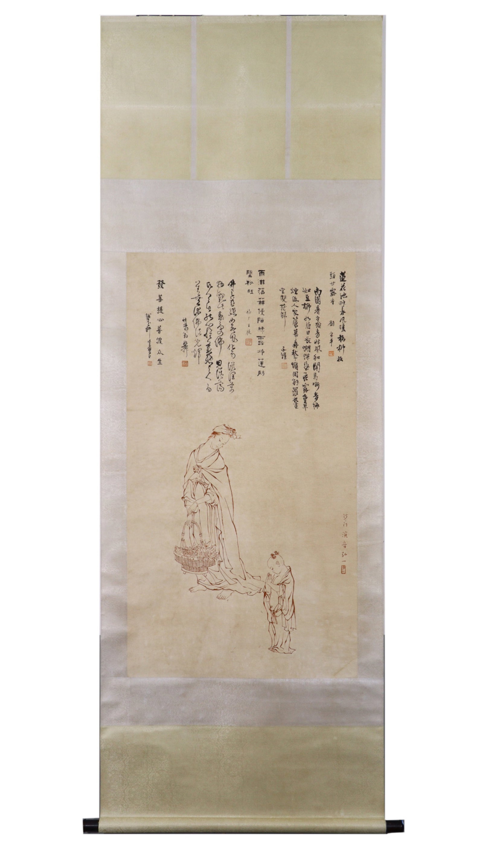 A Chinese Vertical Scroll Ink Statue of Avalokitesvara on Paper: A Chinese Vertical Scroll Ink Statue of Avalokitesvara on Paper,Hongyin Fashi,Size:26inx47.6in 一幅中国水墨观音像立轴,弘一