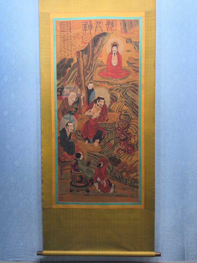 A Chinese Vertical Scroll Ink Painting of Figure on Silk,Wu Daozi: A Chinese Vertical Scroll Ink Painting of Figure on Silk,Wu Daozi,Size:(Without frame)25.6inx56.3in 一幅中国水墨绢本人物画立$