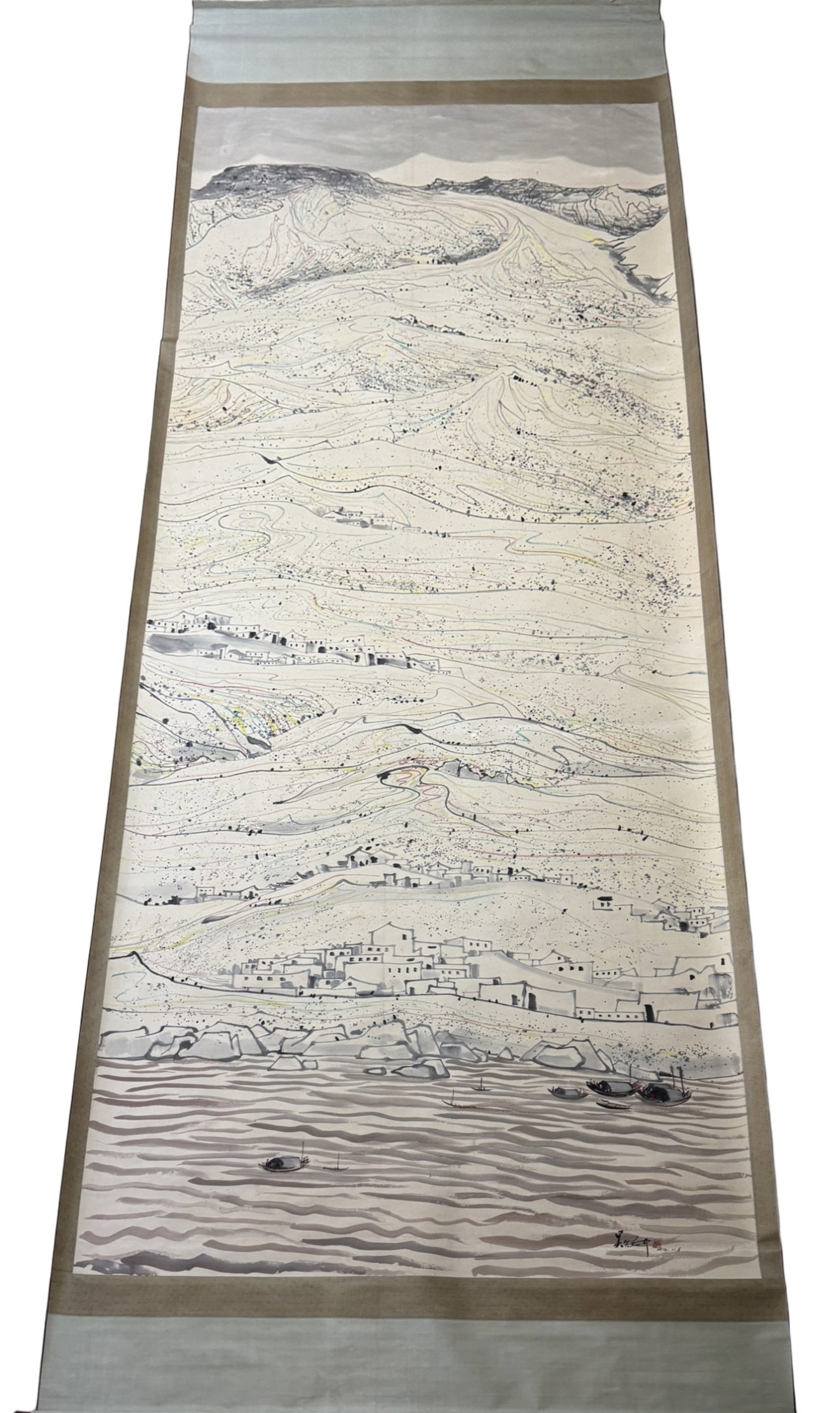 A Chinese Vertical Scroll Ink Painting of Landscape on Paper: A Chinese Vertical Scroll Ink Painting of Landscape on Paper,Wu Guanzhong,Size:78.7inx196.8in