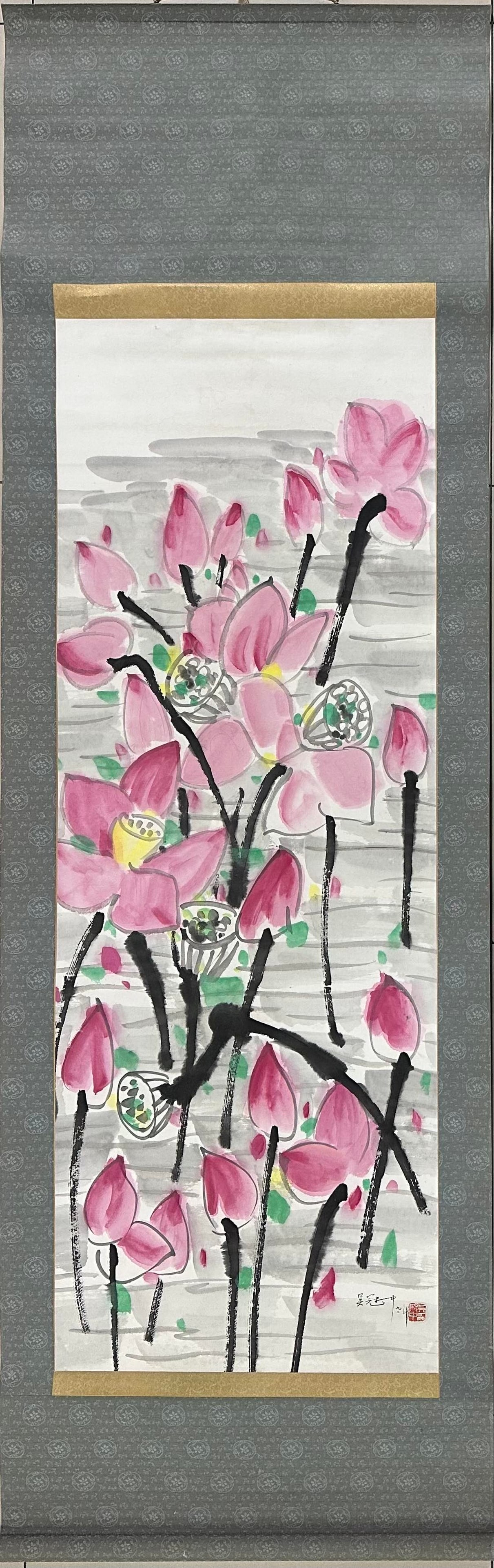 A Chinese Vertical Scroll Ink Painting of Lotus on Paper: A Chinese Vertical Scroll Ink Painting of Lotus on Paper,Wu Guanzhong,Size:19.3inx53.5in 一幅中国水墨荷花画立轴,吴冠ߑ