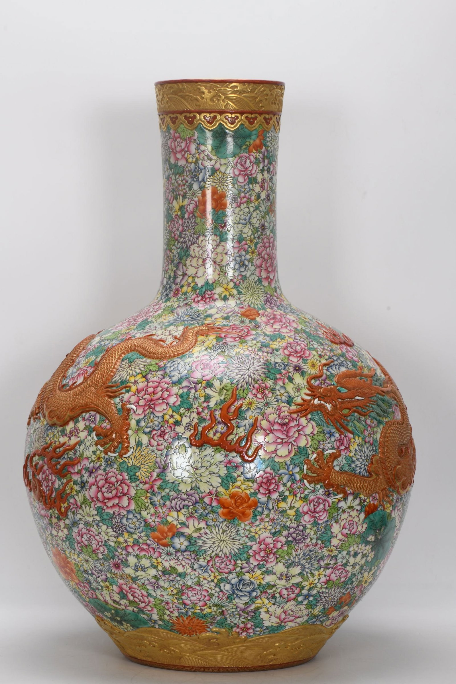 A Huge Enamel Flower and Dragon Pattern Vase: A Huge Enamel Flower and Dragon Pattern Vase,Qing Dynasty,China,Qianlong Six-character Mark,Size:30.9inx21.1in 珐琅彩花卉龙纹瓶,中国清