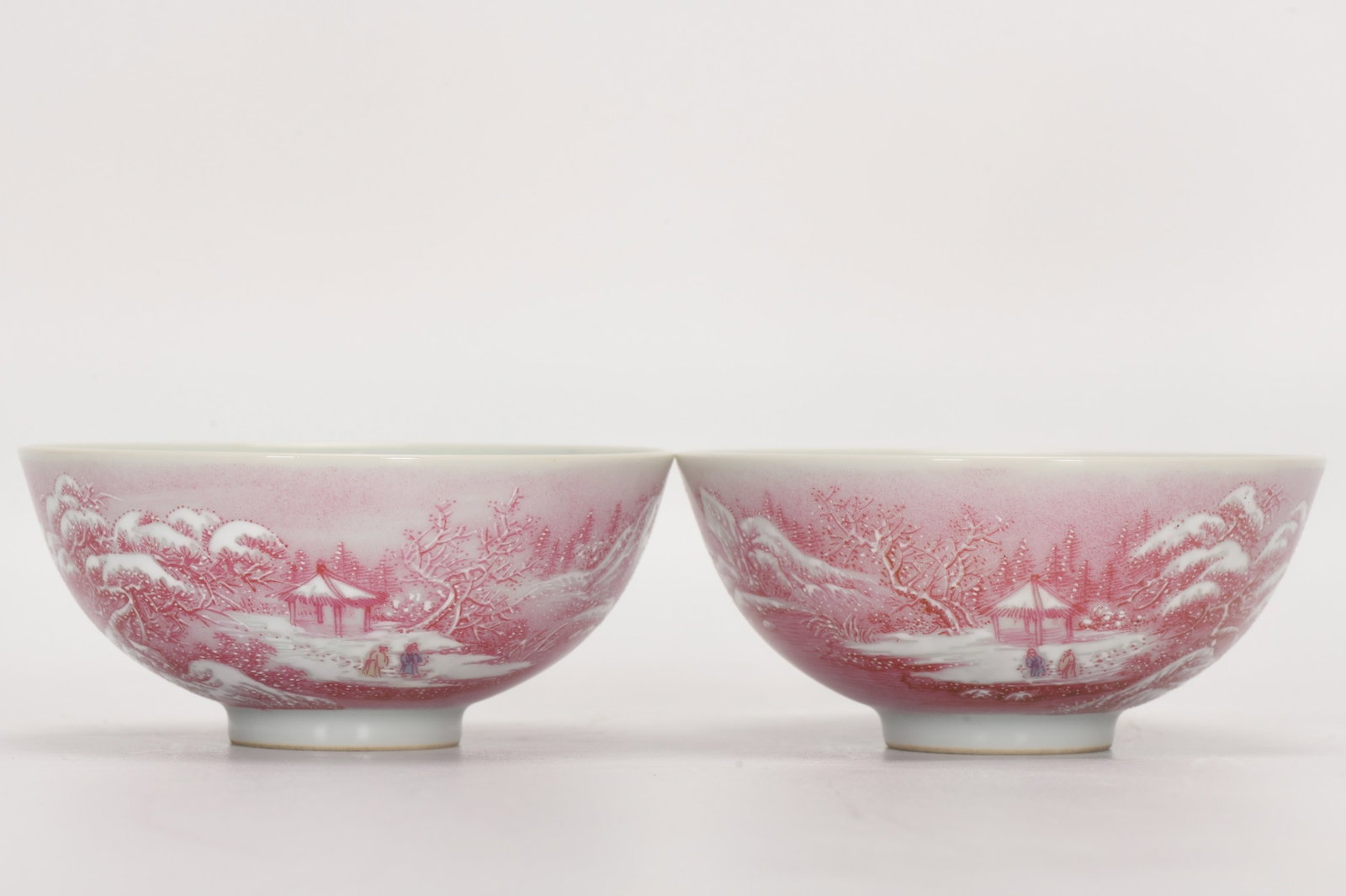A Pair of Exquisite Ruby Red-Glazed Landscape and Figure Pattern Cups,with poem: A Pair of Exquisite Ruby Red-Glazed Landscape and Figure Pattern Cups,with poem,Qing Dynasty,China,Yongzheng Four-character Mark,Size:1.7inx3.7in 一对胭脂红山૒